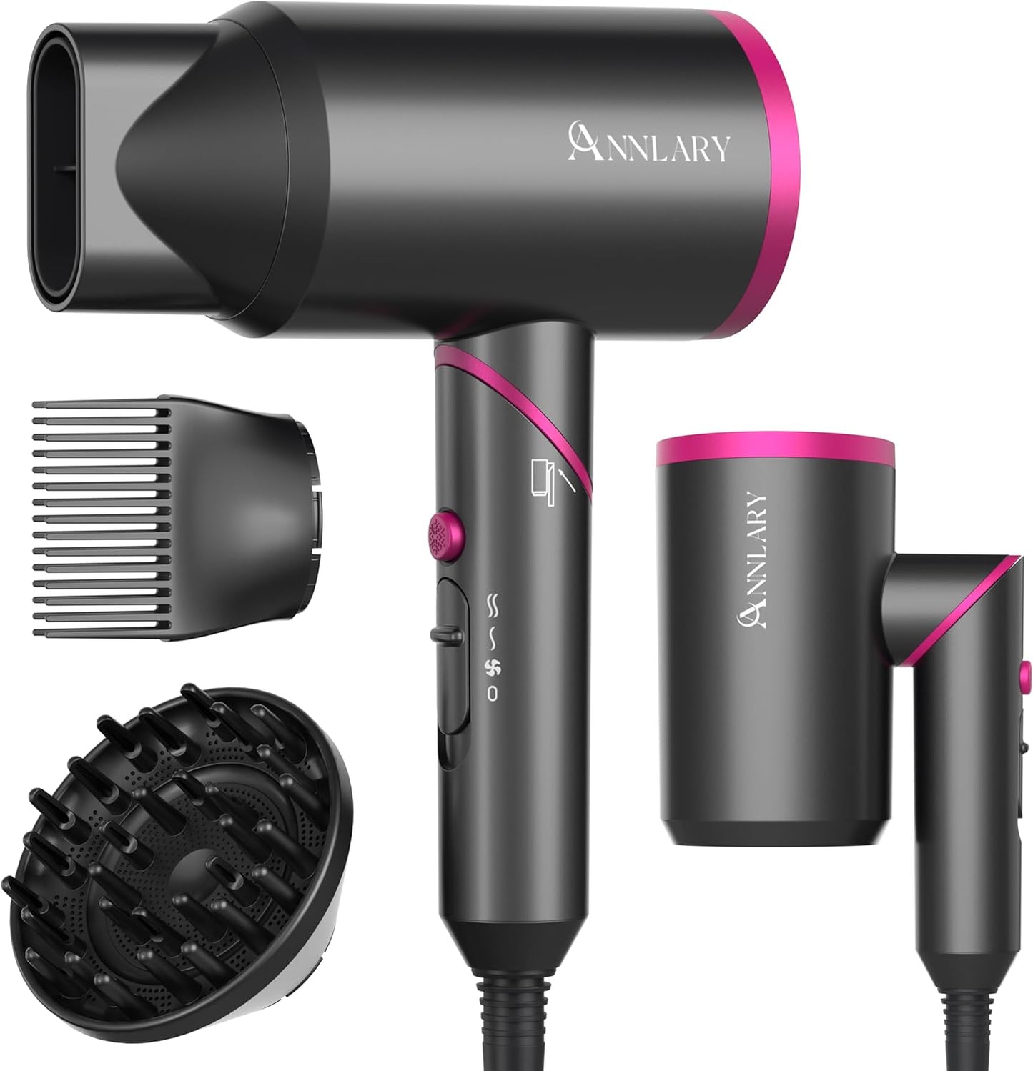 Hair Dryer with Comb - 1800W Ionic Blow Dryer for Curly Hair | Diffuser & Foldable Design | 6.5 ft ALCI Cord