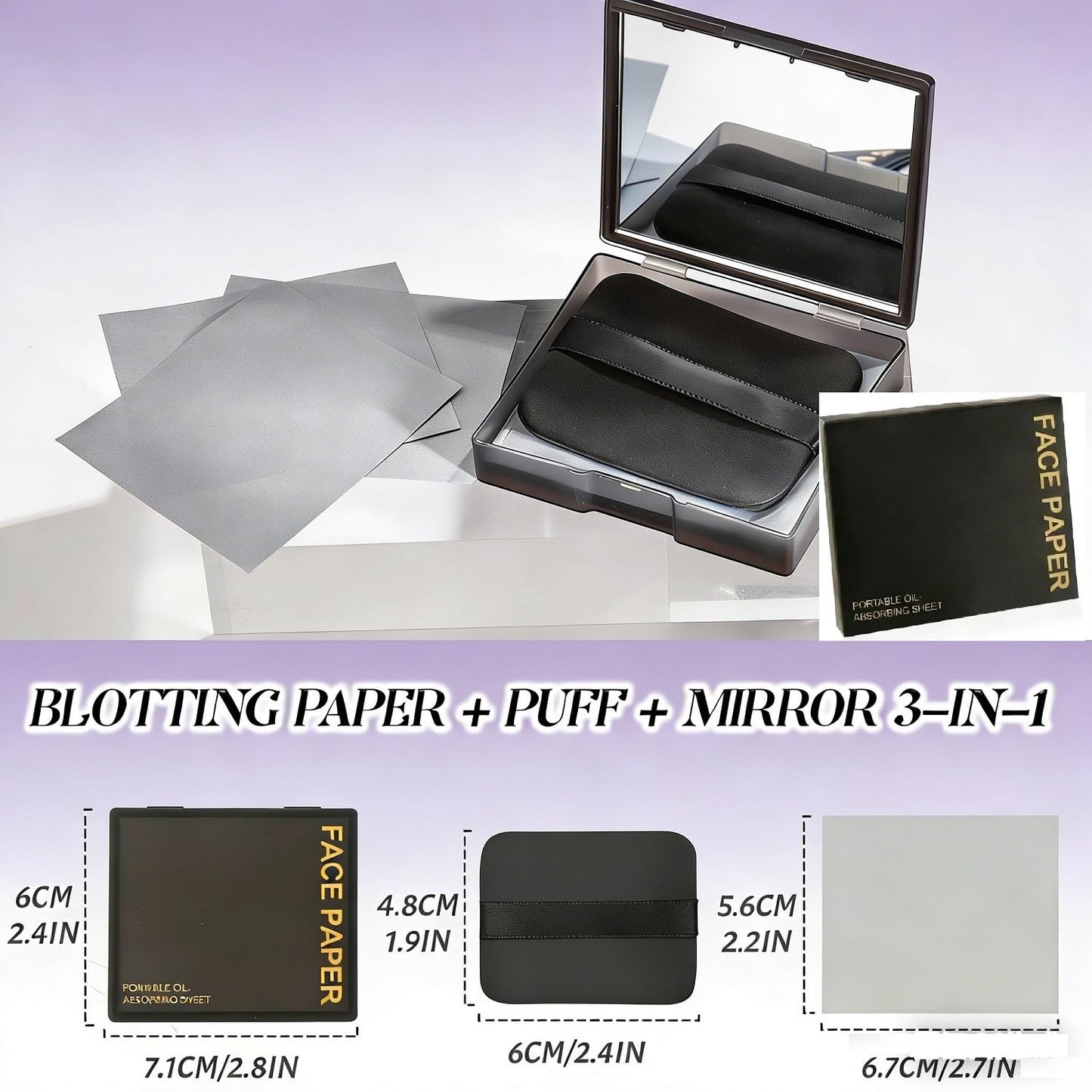 EKIND Black 3 in 1 Oil Blotting Paper Set with Mirror and Adhesive Makeup Puff, Facial Portable Matte Control for Oily Skin Travel Compact (100 Sheets Oily Absorbing Pads)