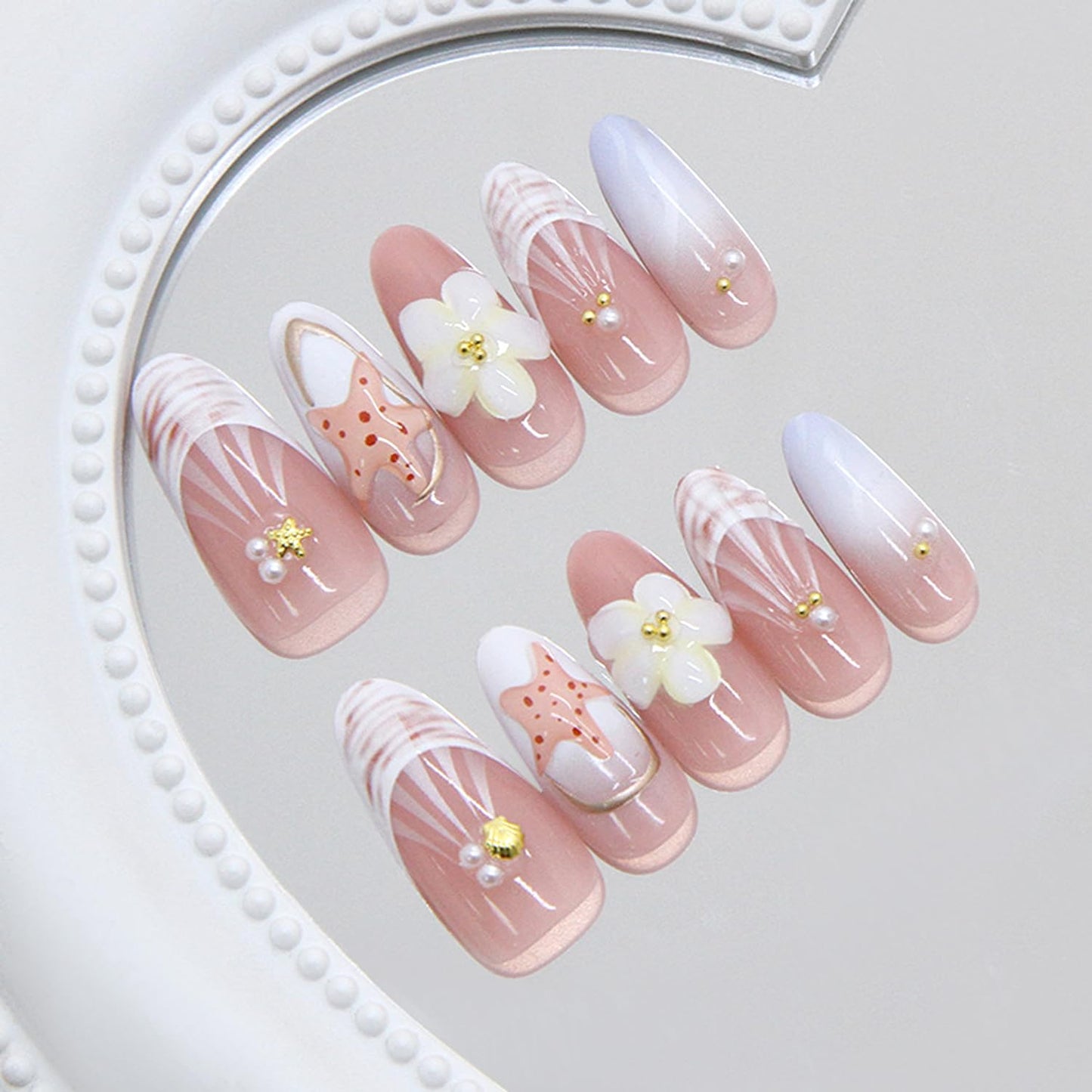 30Pcs Summer Press on Nails Medium Almond French Tip Fake Nails with 3D Ocean Seashell Starfish Designs Yellow Flower False Nails Pink Glossy Full Cover Water Ripples Acrylic Stick on Nails for Women
