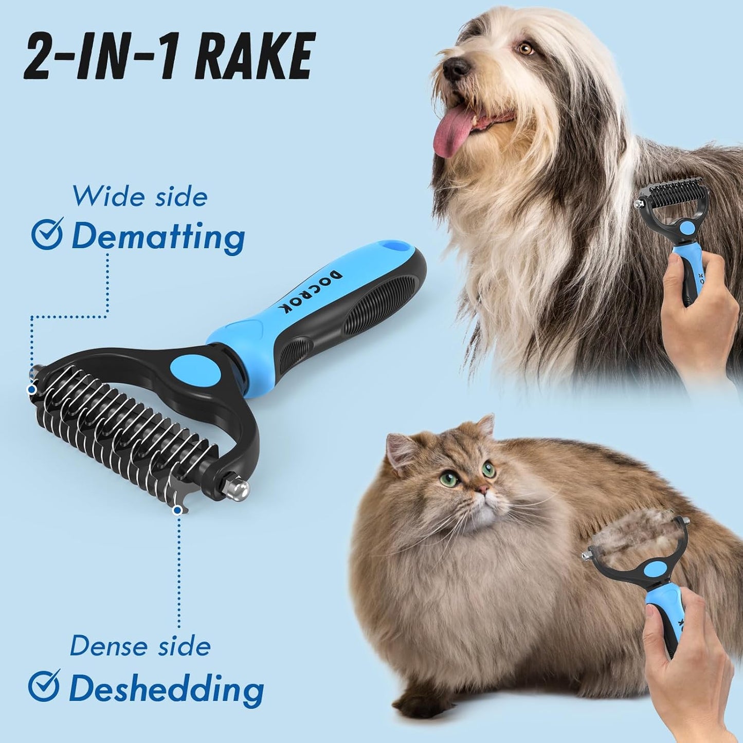 Pet Grooming Combo - Blue Deshedding Brush & Metal Comb for Detangling Long Matted Fur | Ideal for Cats & Dogs