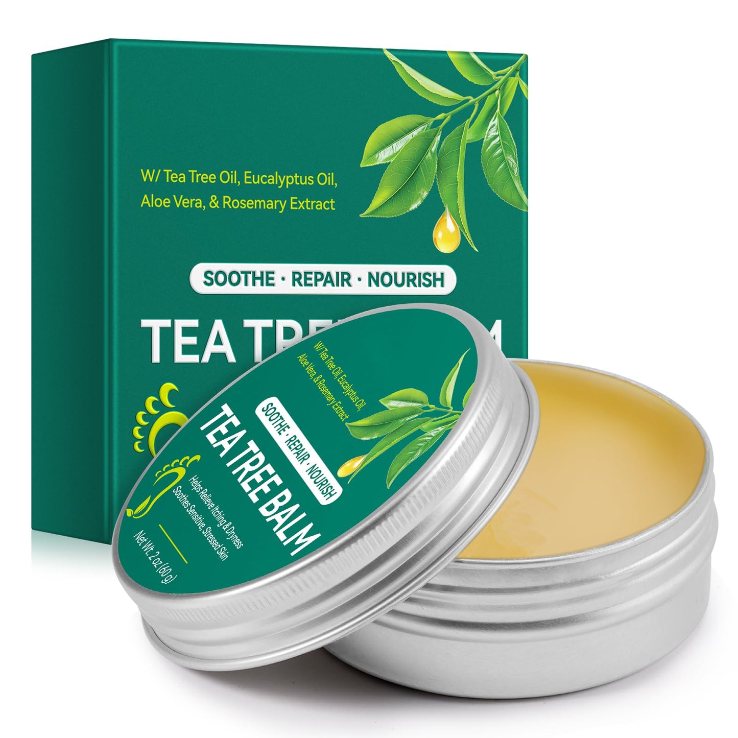 Tea Tree Balm for Dry Itchy Skin, Natural Tea Tree Oil Salve for Cracked Heels, Feet, Hands & Body, Moisturizing Herbal Skin Repair Balm with Aloe Vera, Eucalyptus, Green Tea & Vitamin E, 2 oz