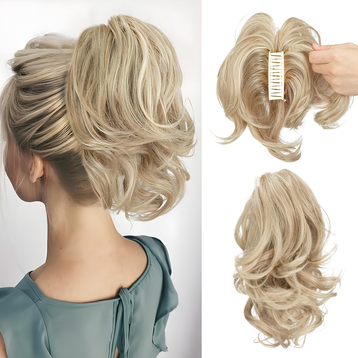 CJL Hair Claw Clip Short Ponytail Extensions - Bendable Metal Messy Bun Piece | Wavy Curly Synthetic Hair, Ash Grey