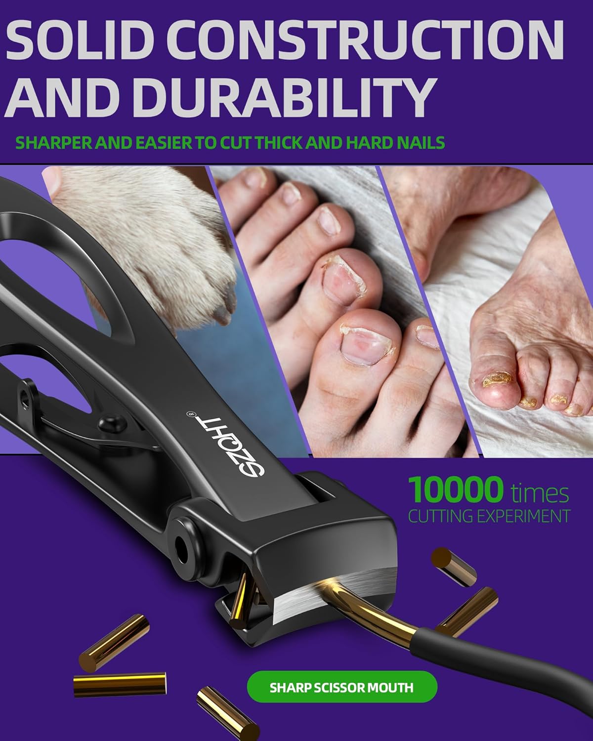 Ultra Wide Jaw Nail Clippers Set - Heavy Duty Stainless Steel Toenail Clippers for Thick Nails | Ideal for Seniors & Adults (Black)