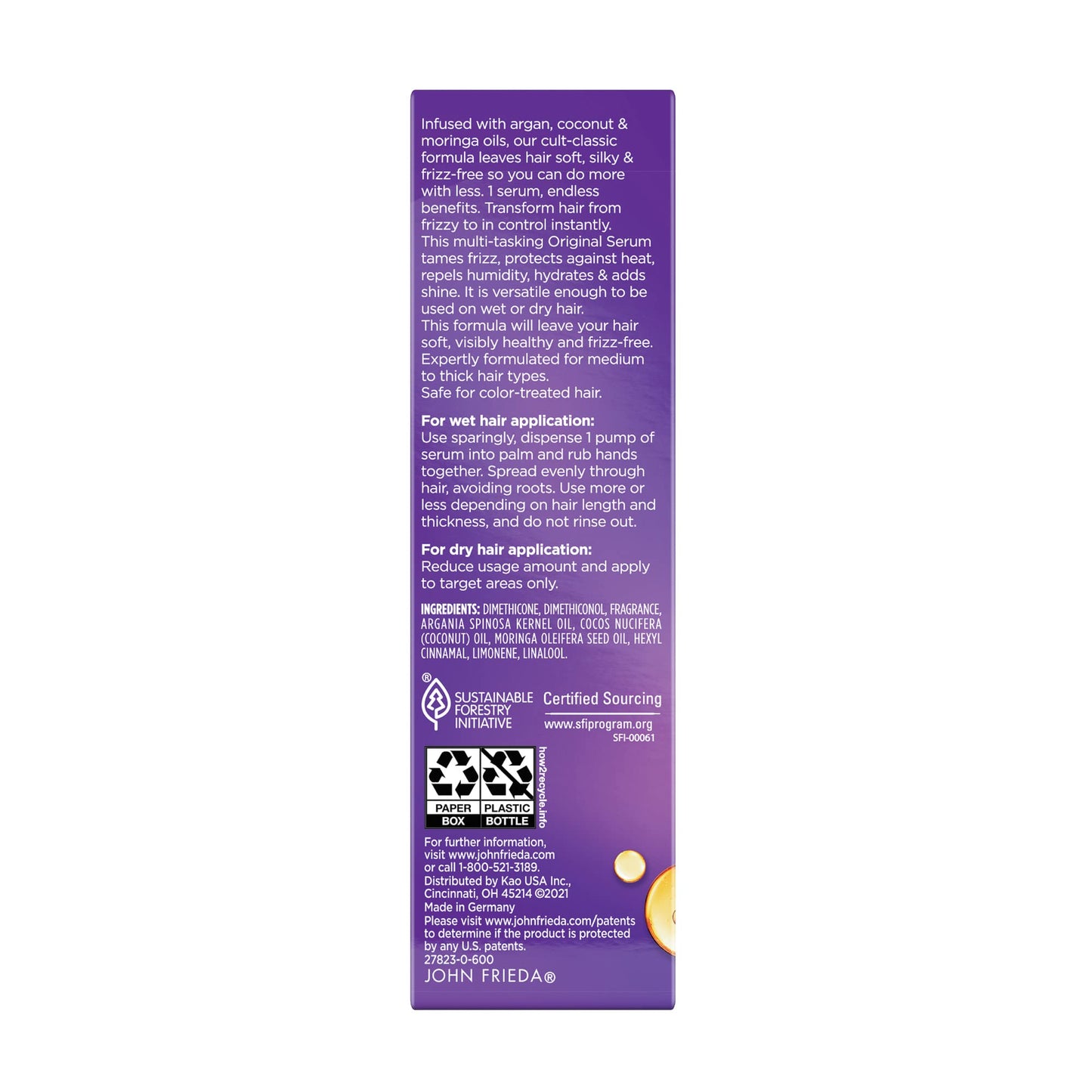John Frieda Frizz Ease Original Hair Serum, Protecting Against Frizz, Heat, and Humidity While Adding Shine, Smooths Strands and Hydrates Parched Hair with Argan, Coconut, and Moringa Oil, 1.69 Oz