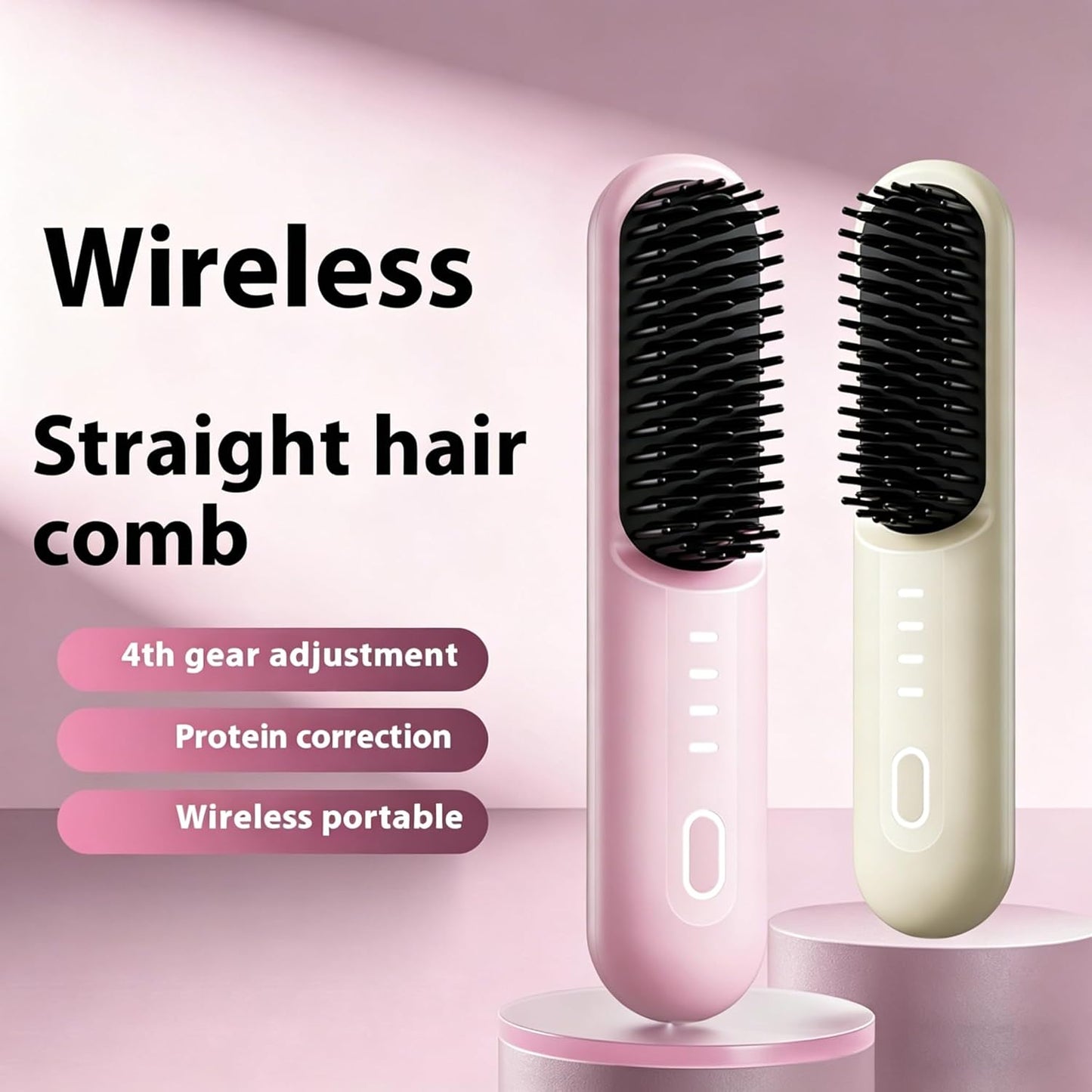 Cordless Straightening Brush for Short Hair - Ionic & Ceramic Care, Fast 30s Heat, 4 Temp Settings | USB-C Rechargeable, Pink