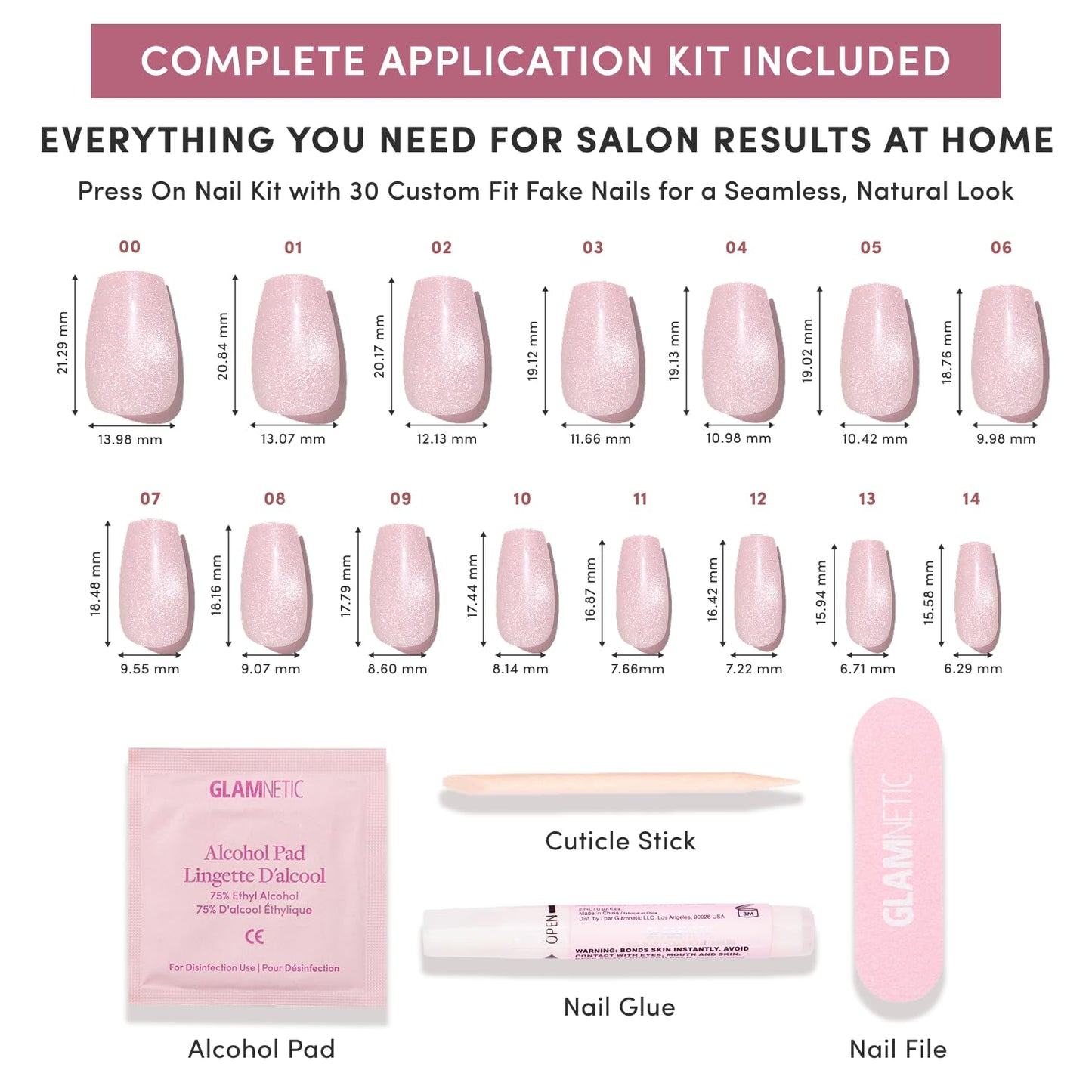 Glamnetic Press On Nails - Medium Coffin Fake Nails | Velvet Pink Shimmer Press On Nails, Salon Quality Kit with Glue | Pink Secret - 30 Nail Set in 15 Sizes