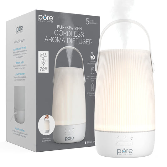 Pure Enrichment PureSpa Zen Cordless Essential Oil Diffuser & Light - Portable Travel-Friendly Aroma Diffuser Lasts 7.5 Hrs, Optional Mood Light, 2 Mist Settings, Optional Timer, & Auto Shut-Off