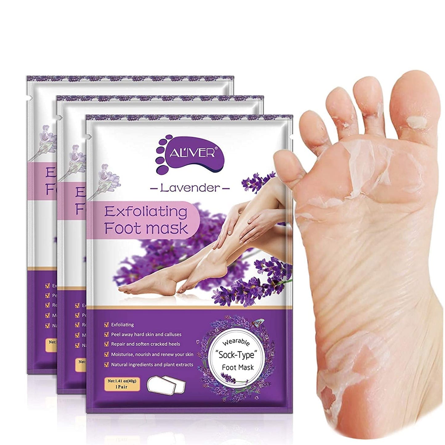 Aliver Foot Peel Mask - Exfoliating Callus Remover for Baby Soft Feet | 3 Pack, Lavender Scent