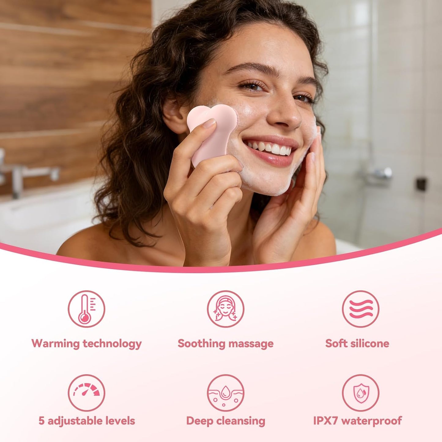 Vibrating Face Massager - Deep Cleansing Silicone Exfoliator & Scrubber | Rechargeable Pink Facial Brush
