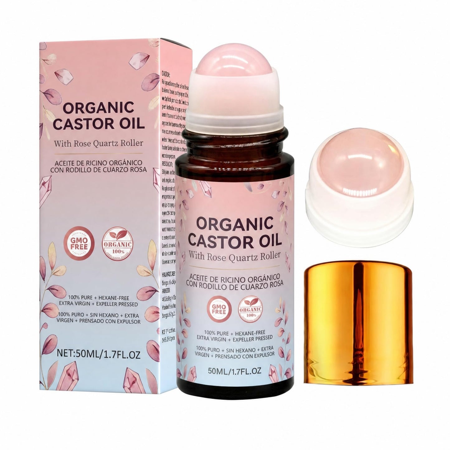 Narvokey Organic Castor Oil Roll On with Rose Quartz Roller, 100% Cold Pressed, Hexane-Free, for Face, Body, Hair, and Eyebrows (1)