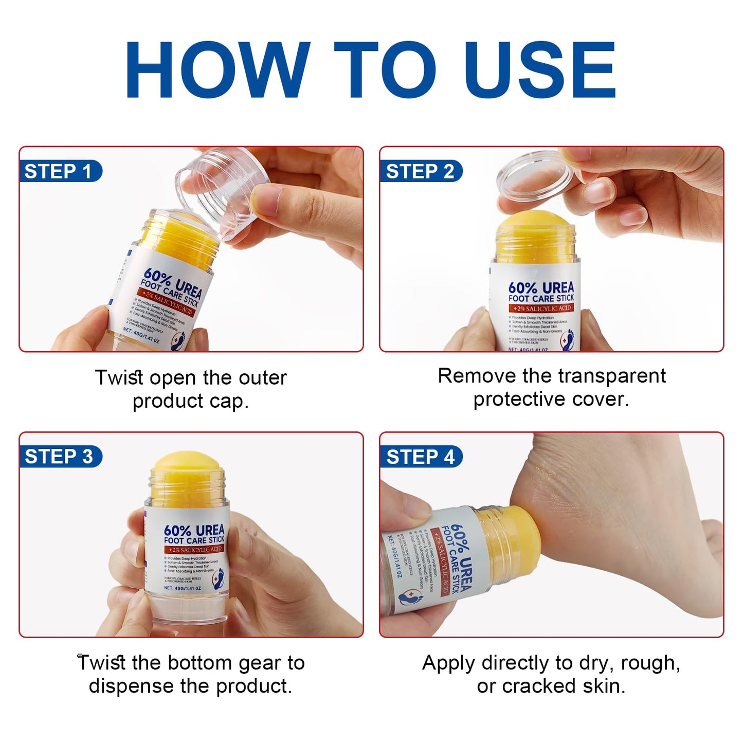 60% Urea with 2% Salicylic Acid Foot Care Stick, Maximum Strength Urea Foot Cream Callus Remover for Dry Cracked Heels, Hands, Knees, Exfoliating Moisturizer, Dead Skin Remover Foot Balm 1.41oz