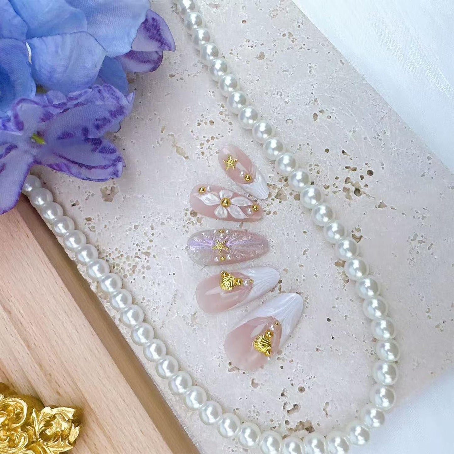 French Tip Press-On Nails - 24pcs Medium Almond with 3D Floral Gold Pearl Shell Designs | Summer Glitter Acrylic Full Cover