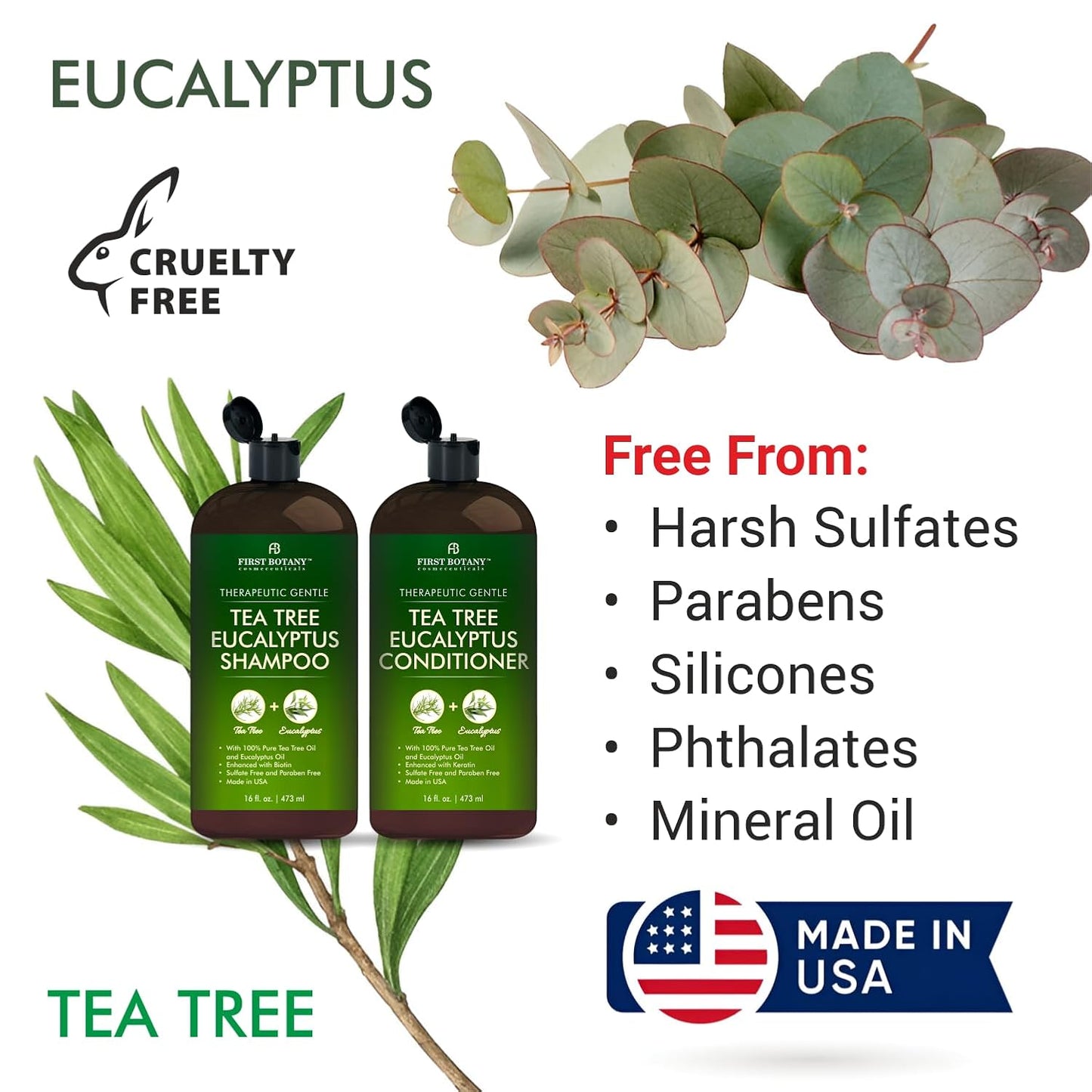 Tea Tree & Eucalyptus Shampoo and Conditioner Set | Clarifying Scalp Care with Activated Charcoal & Biotin - 16 fl oz x 2