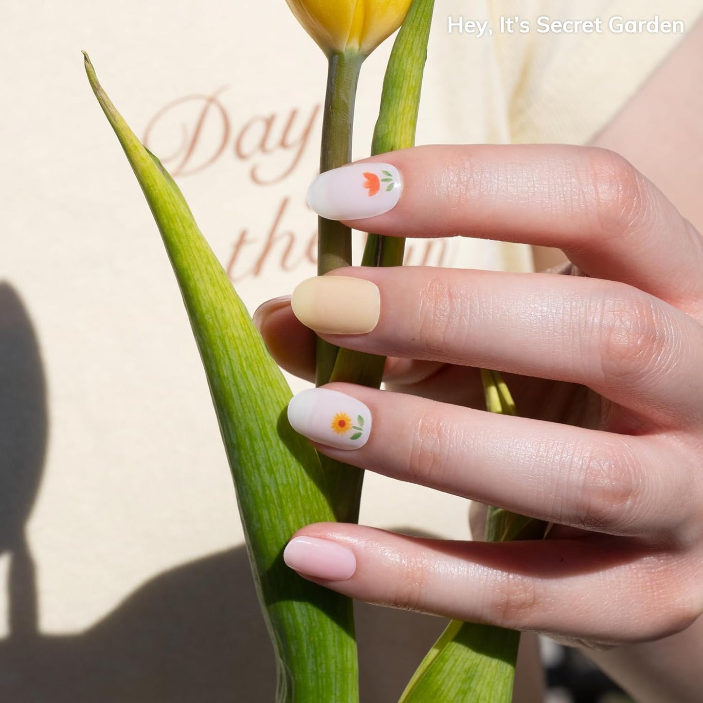 Heyhae Semi Cured Gel Nail Strips - Easy Apply Floral Design, No LED Lamp Needed | 28 Strips, Prep Pads & File Included