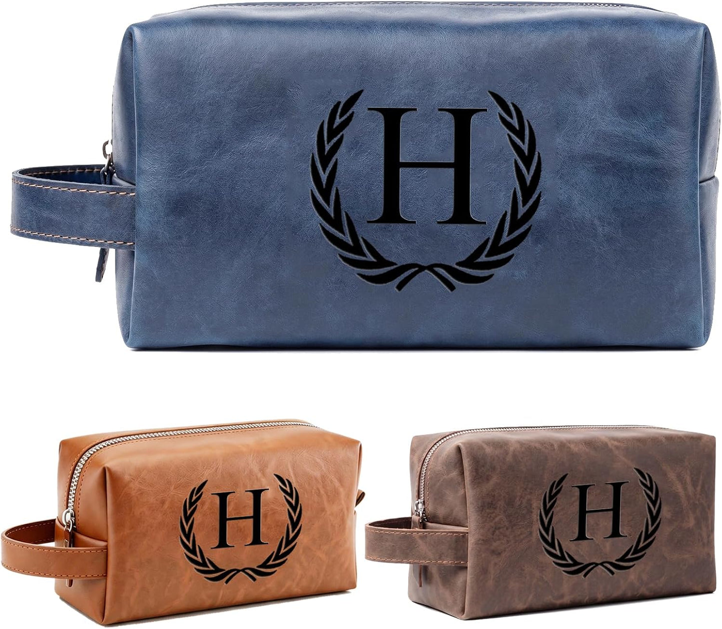 Personalized Leather Toiletry Bag for Men | Engraved Initial Waterproof Travel Bag - Dark Brown