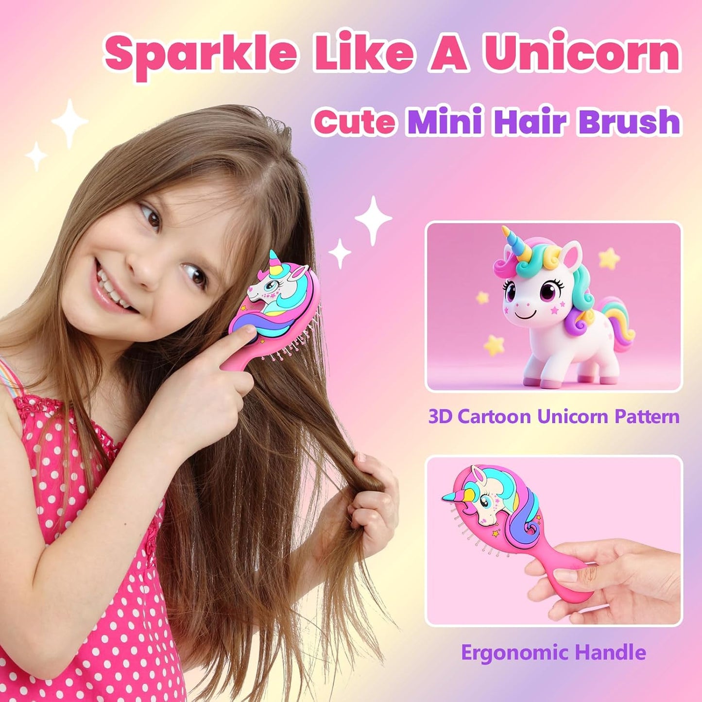 Toddler Hair Brush - Pink Mini Unicorn Detangling Brush for Kids 2-4 | Soft Ball-Tip Bristles, Travel-Friendly