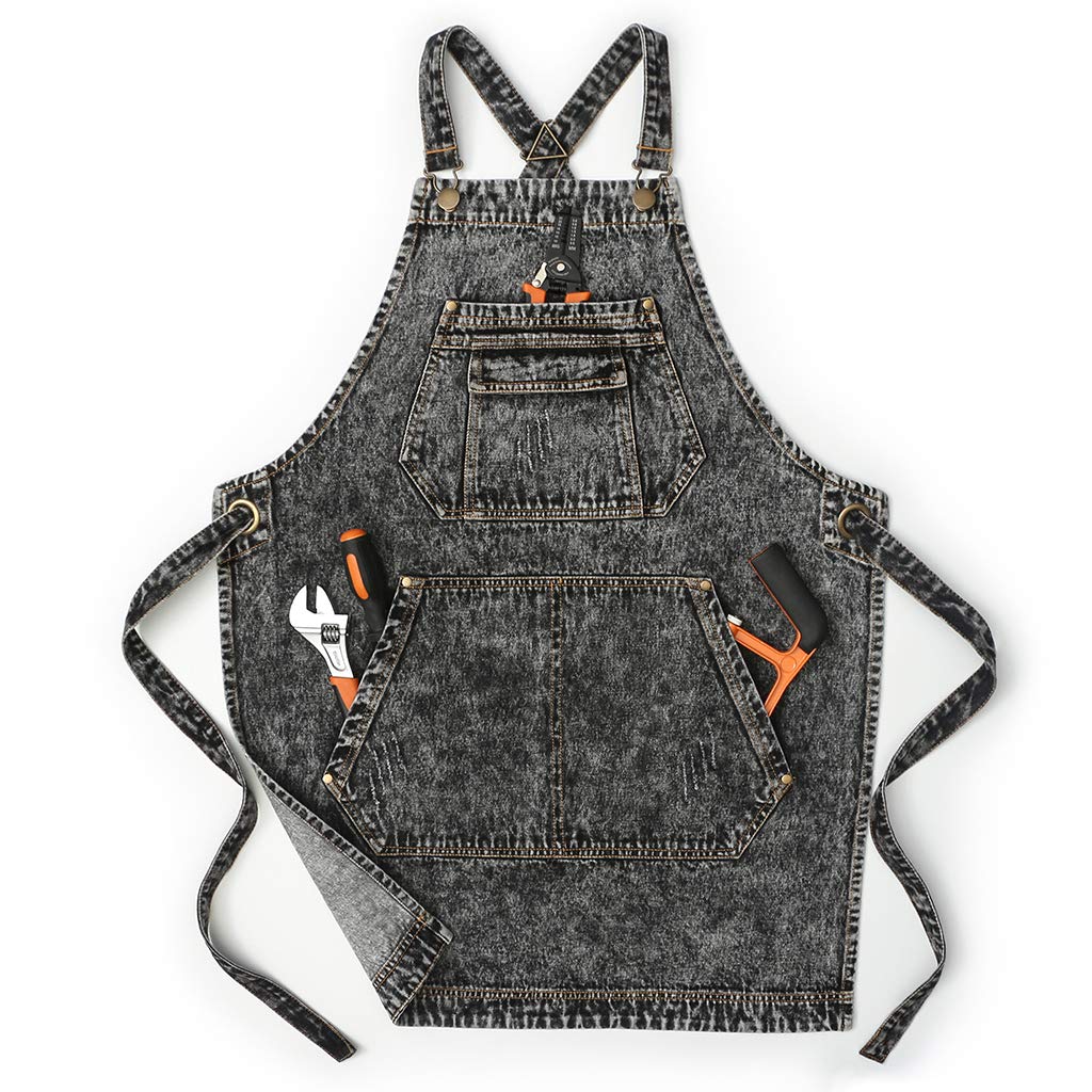 Jeanerlor - Cotton Denim Shop Black Tool Aprons with Pockets for Men - Jean Work Aprons for Men Cross Straps & Adjustable L to XXL