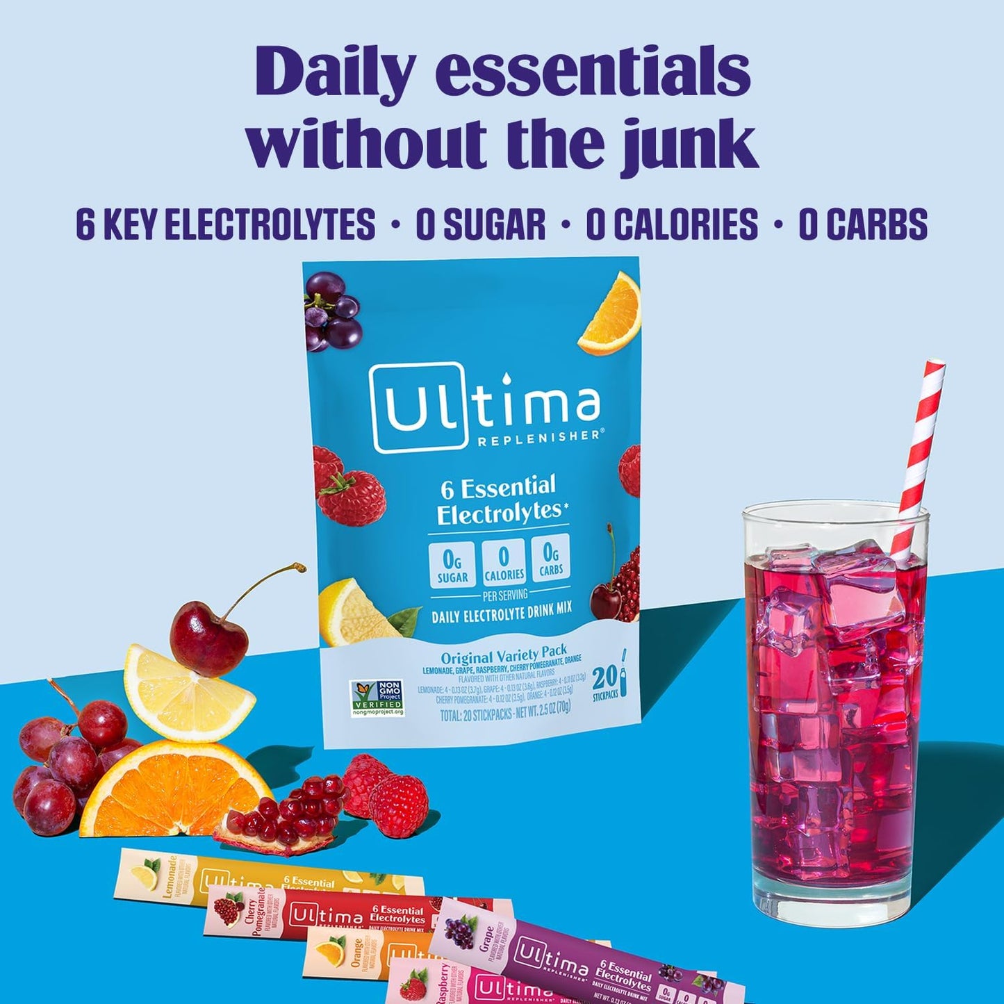 Ultima Replenisher Electrolyte Powder | Zero Sugar Hydration Packets with 6 Electrolytes – Original Variety Pack, 20 Stickpacks
