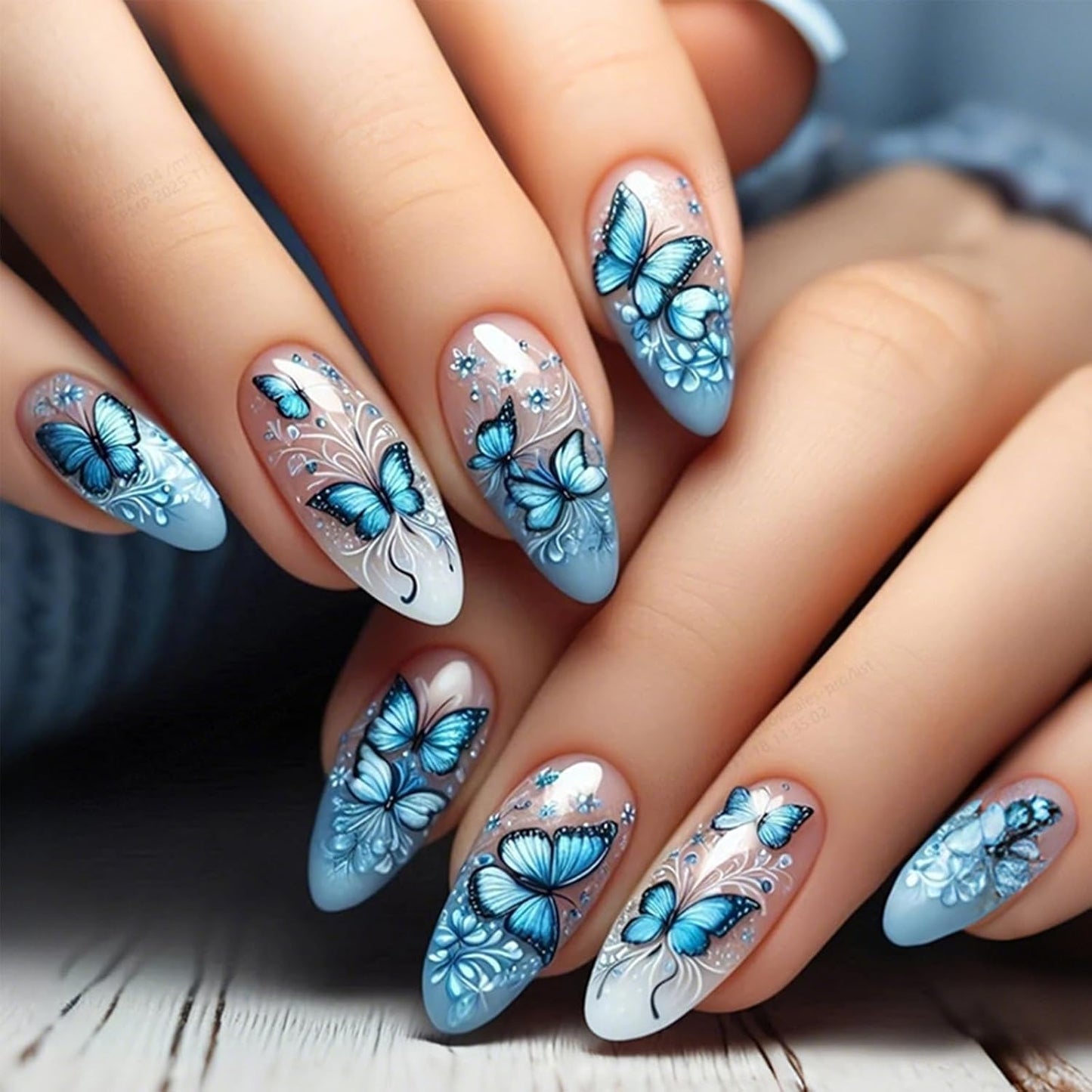 Colorful Gradient Press-On Nails - Medium Almond Summer Sunset | Reusable Glossy Full Cover 24 Pcs with Adhesive Stickers