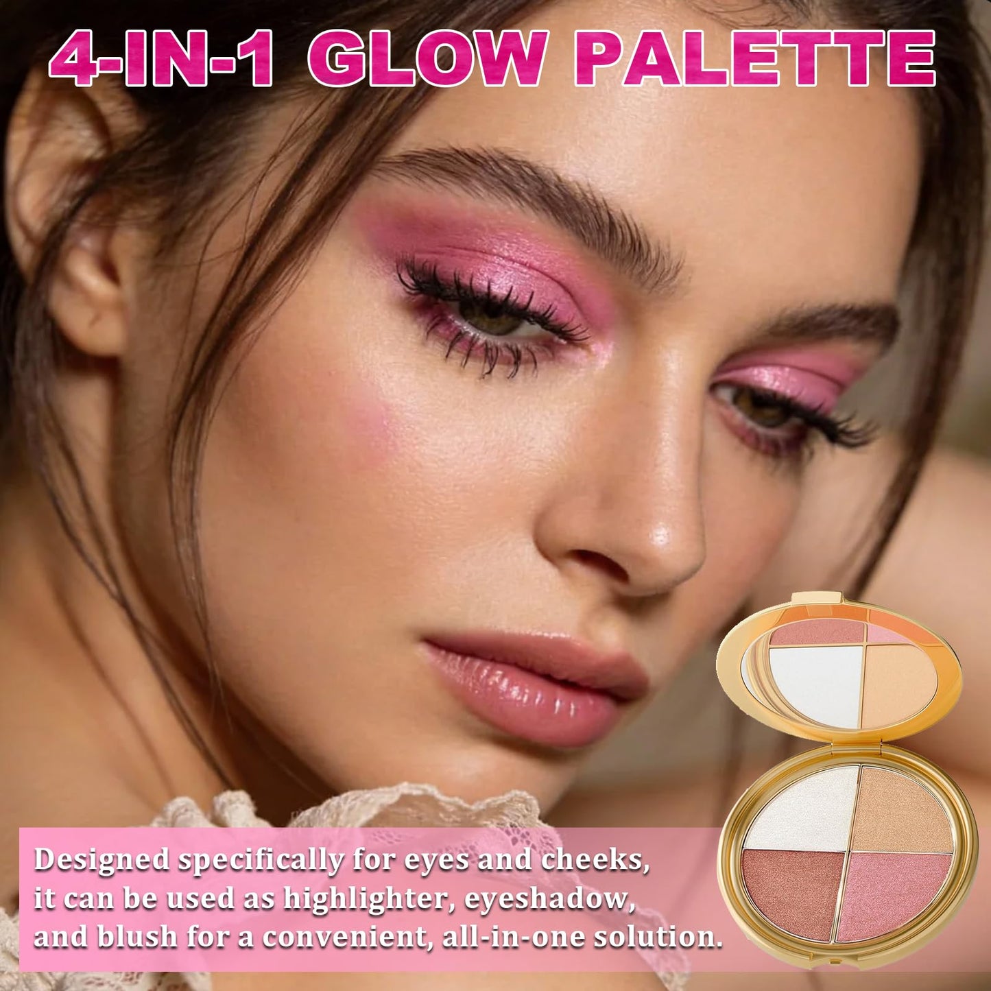 Eye & Cheek Palette with 1 Pcs Blush Brush, Multifunctional Blush Palette, Eyeshadow and Highlighter Makeup, 4-In-1 Natural Glow Contour Powder for Women
