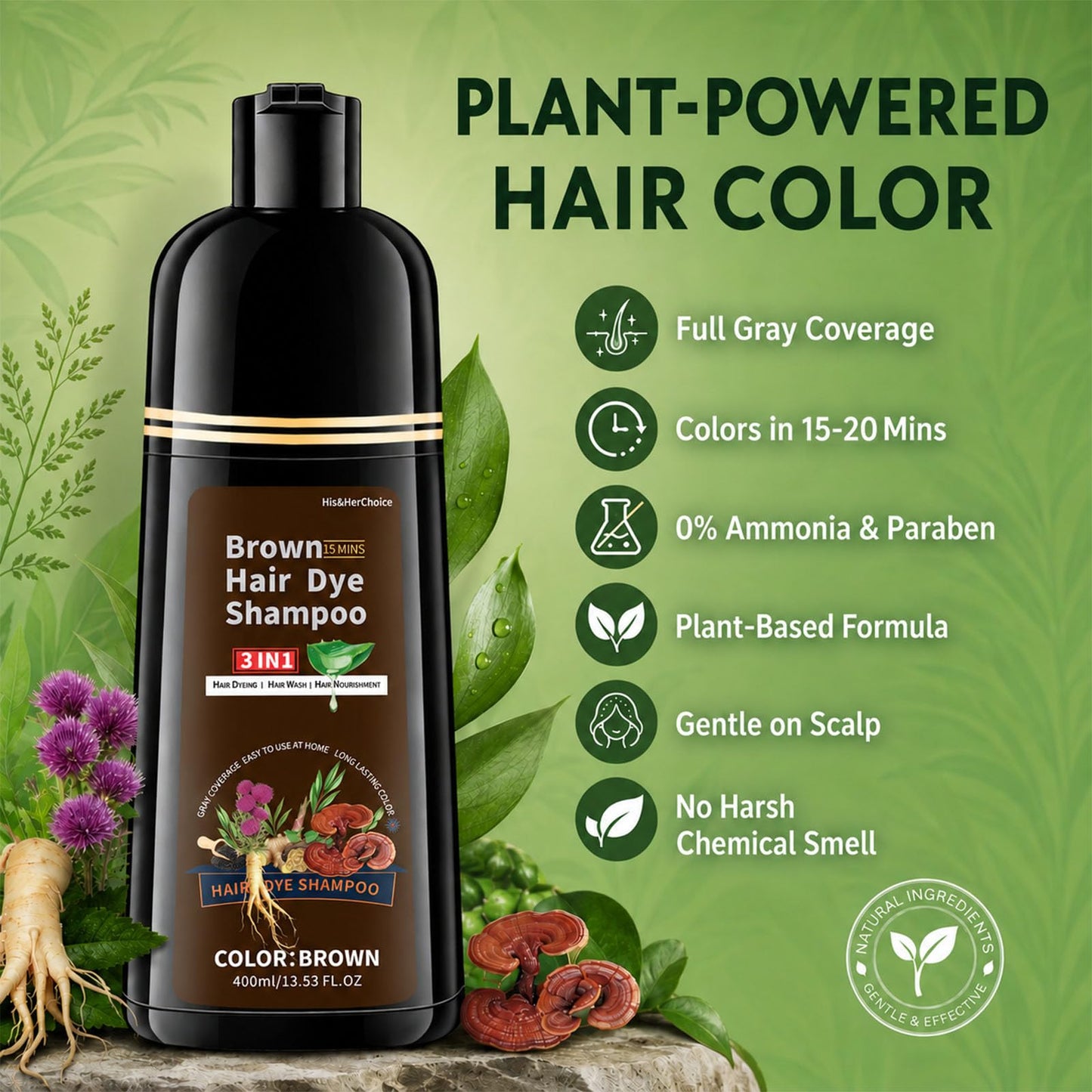 HIS&HERCHOICE Brown Hair Dye Shampoo, 3-in-1 Hair Color for Gray Coverage, Ammonia and Paraben Free with 6 Natural Herbal Ingredients, Semi-Permanent Color Shampoo for Women and Men