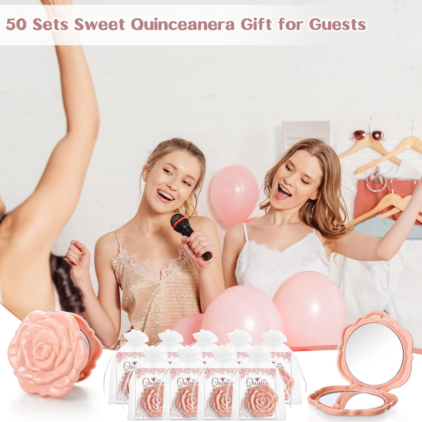 Quinceanera Party Favors - Rose Design Compact Pocket Mirrors with Thank You Cards & Organza Bags | Pink