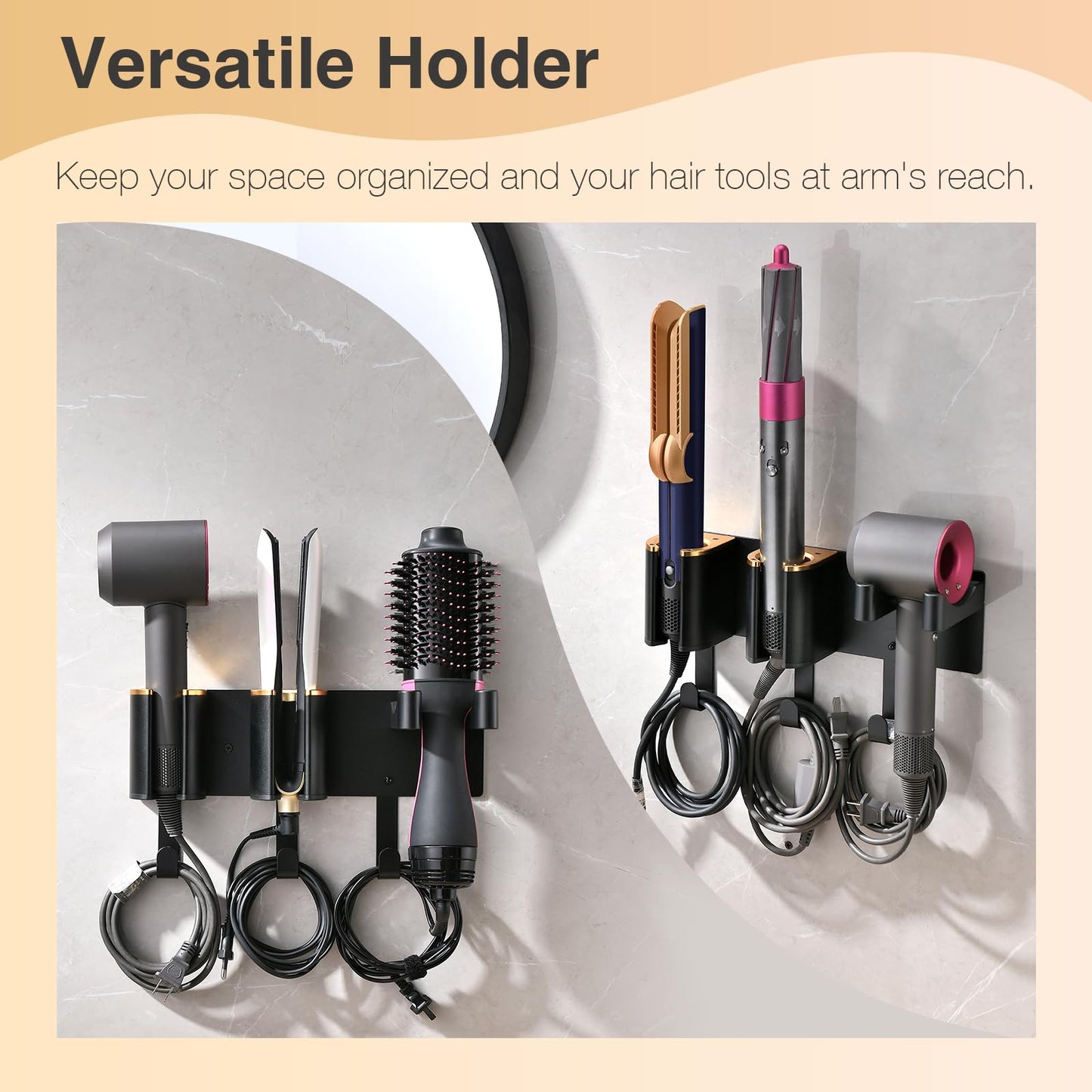 HAVICATO Hair Tool Organizer Wall Mount, Hair Dryer and Curling Iron Storage, Hair Straightener Wall Holder, 3 in 1 Vanity Organizer, Aluminum Alloy (Hair Tools Not Included)