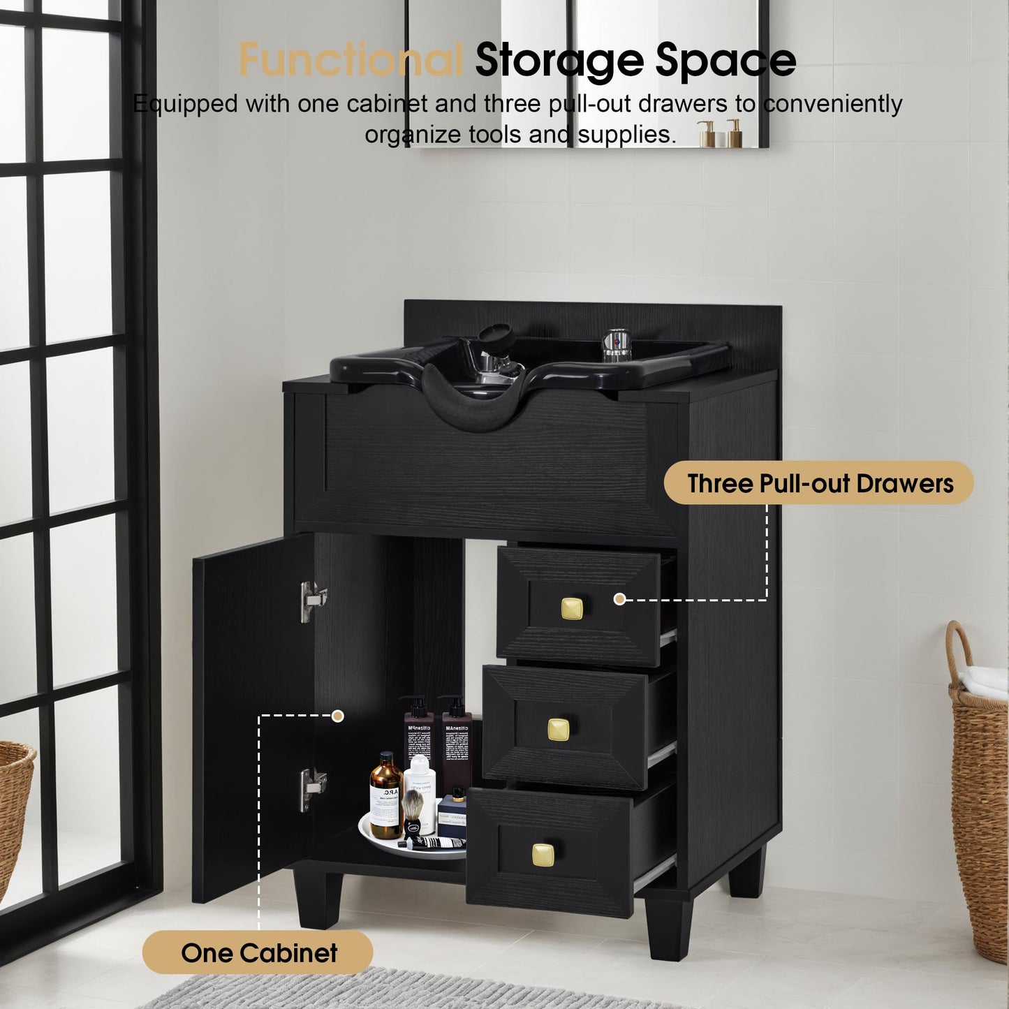 BarberPub Barber Storage Shampoo Station, Spa Textured Embossed Cabinet with Shampoo Bowl & Drawers, Hair Salon Sink Backwash Equipment 7131 (Black)