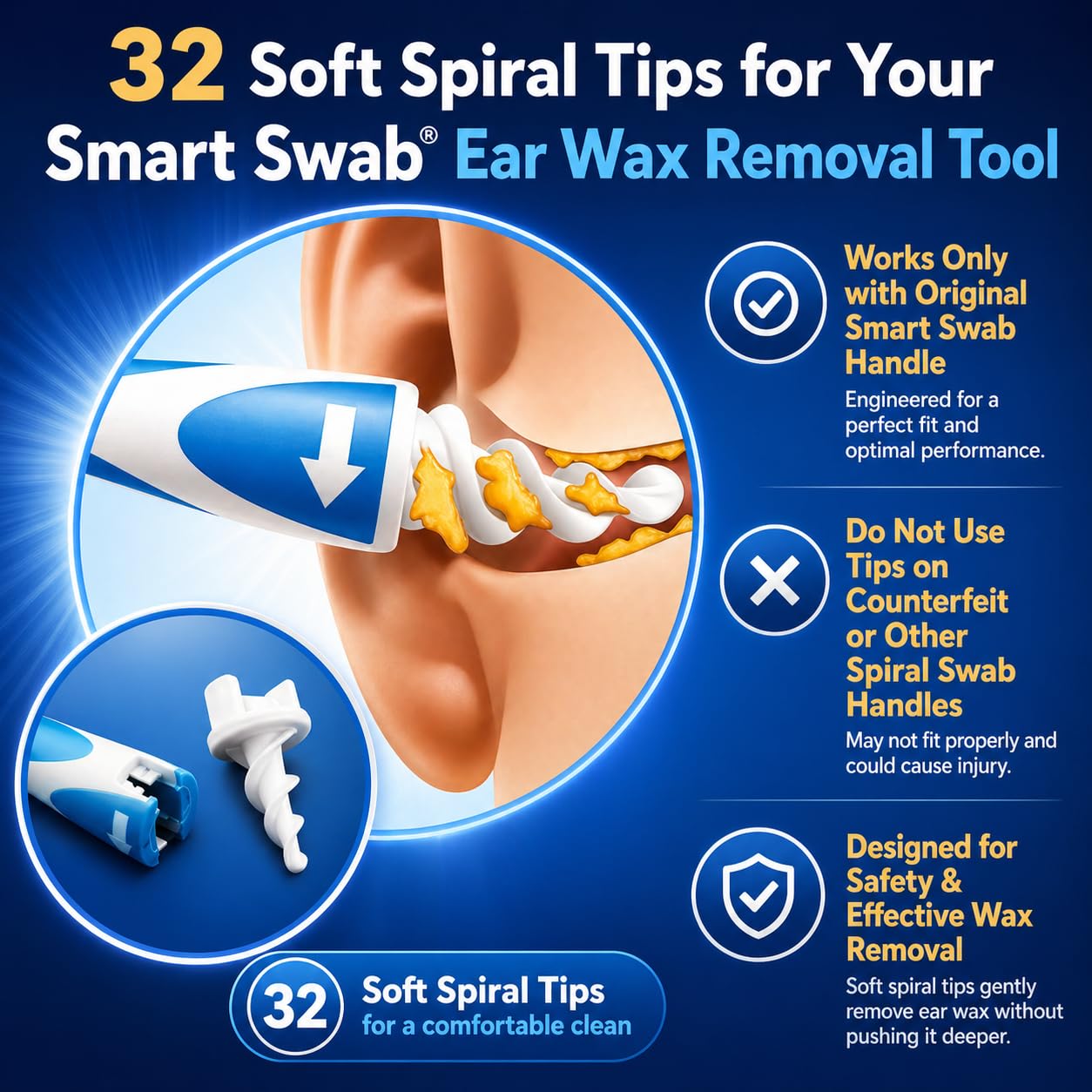 Smart Swab Spiral Ear Wax Removal Replacement Tips – 32 Soft Silicone Spiral Tips Only (No Handle) | Patented Safe Ear Cleaning Design | Easy, Gentle & Reusable Ear Cleaner Refills
