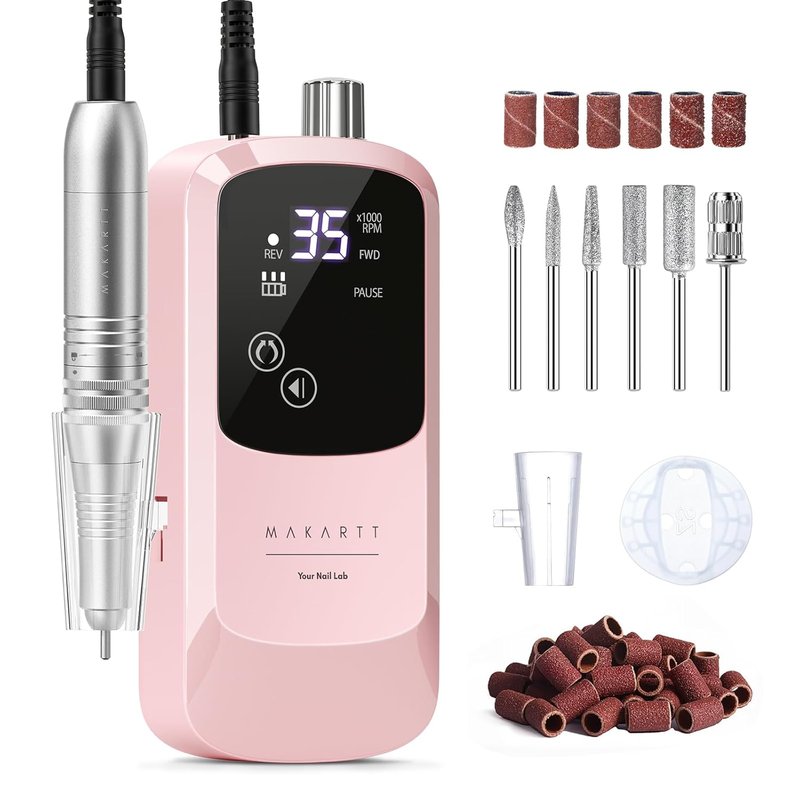Rechargeable Electric Nail Drill - 35000 RPM Cordless Efile with LED Display & Storage Stand | Pink Manicure Kit for Beginners