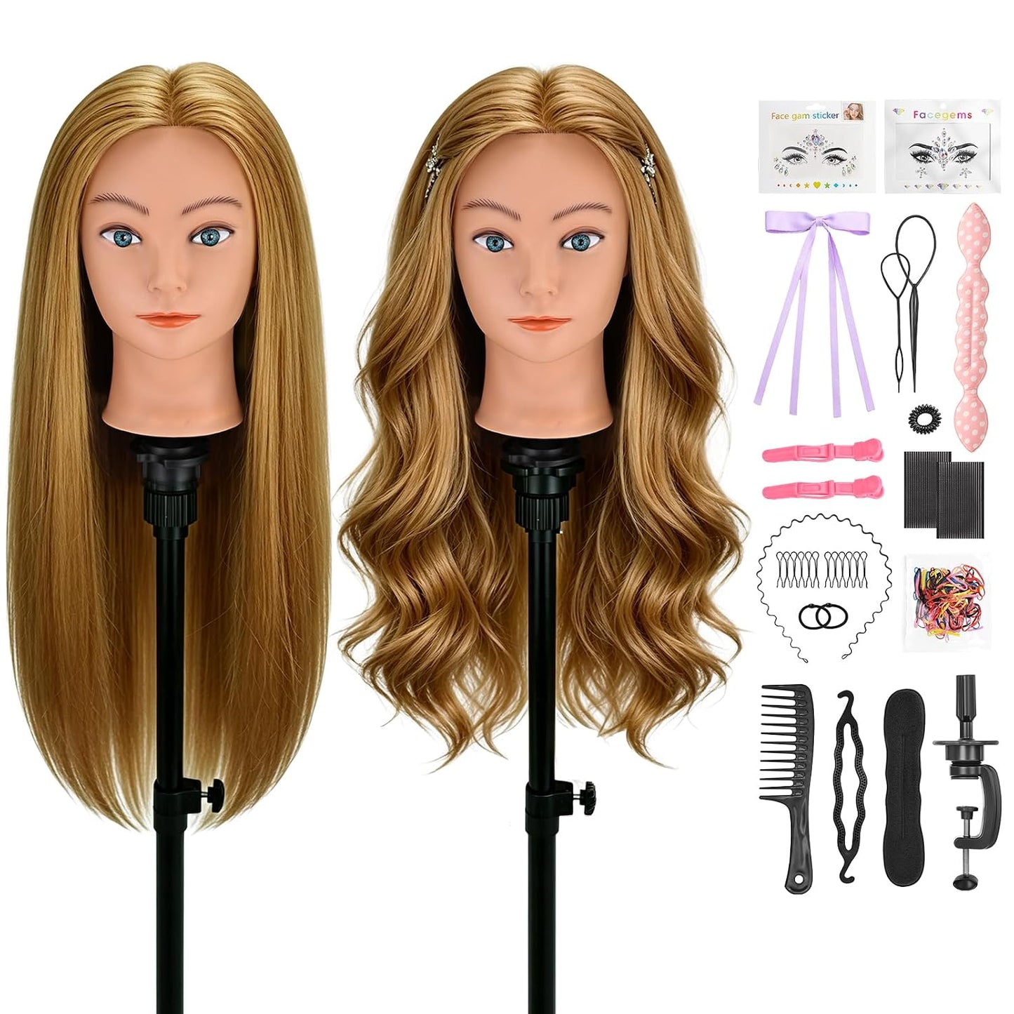 Mannequin Head - 90% Human Hair Styling Head for Cosmetology | 24" Gold Blonde Hairdressing Training Doll with Clamp