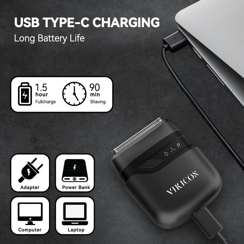 VIKICON® Electric Foil Shaver for Men, Portable Mini Travel Razor for Face & Beard, Dual Floating Blades for Close Shave, USB-C Fast Charging Waterproof On-the-Go Stubble Trimmer, Matte Black
