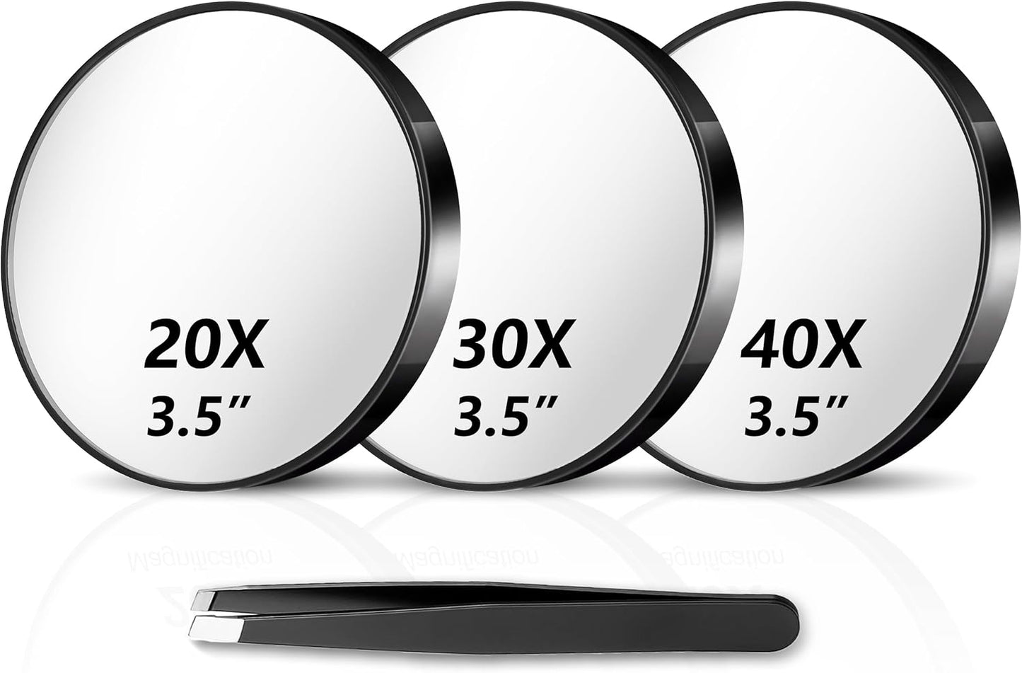 Magnifying Mirror Set - 20X/30X/40X Compact Travel Mirrors with Tweezers & Suction Cups | 3.5 Inches - Black