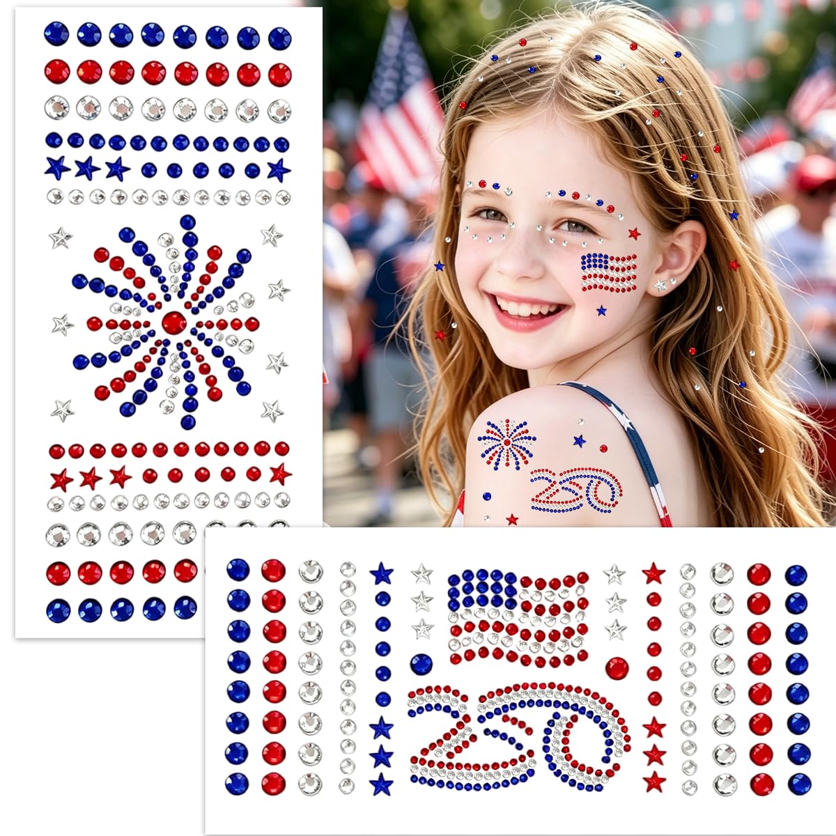 Mysense Waterproof 4th of July Temporary Tattoos - Red, White & Blue Glitter Face Stickers | Easy Application, 6 Sheets