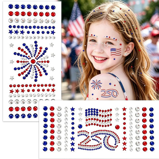 Mysense 4th of July Face Gems Stickers, Red White Blue Rhinestone Face Jewels, 250th Anniversary Flag & Fireworks, Self-Adhesive for Women’s 4th of July Outfits, Makeup & Party Accessories