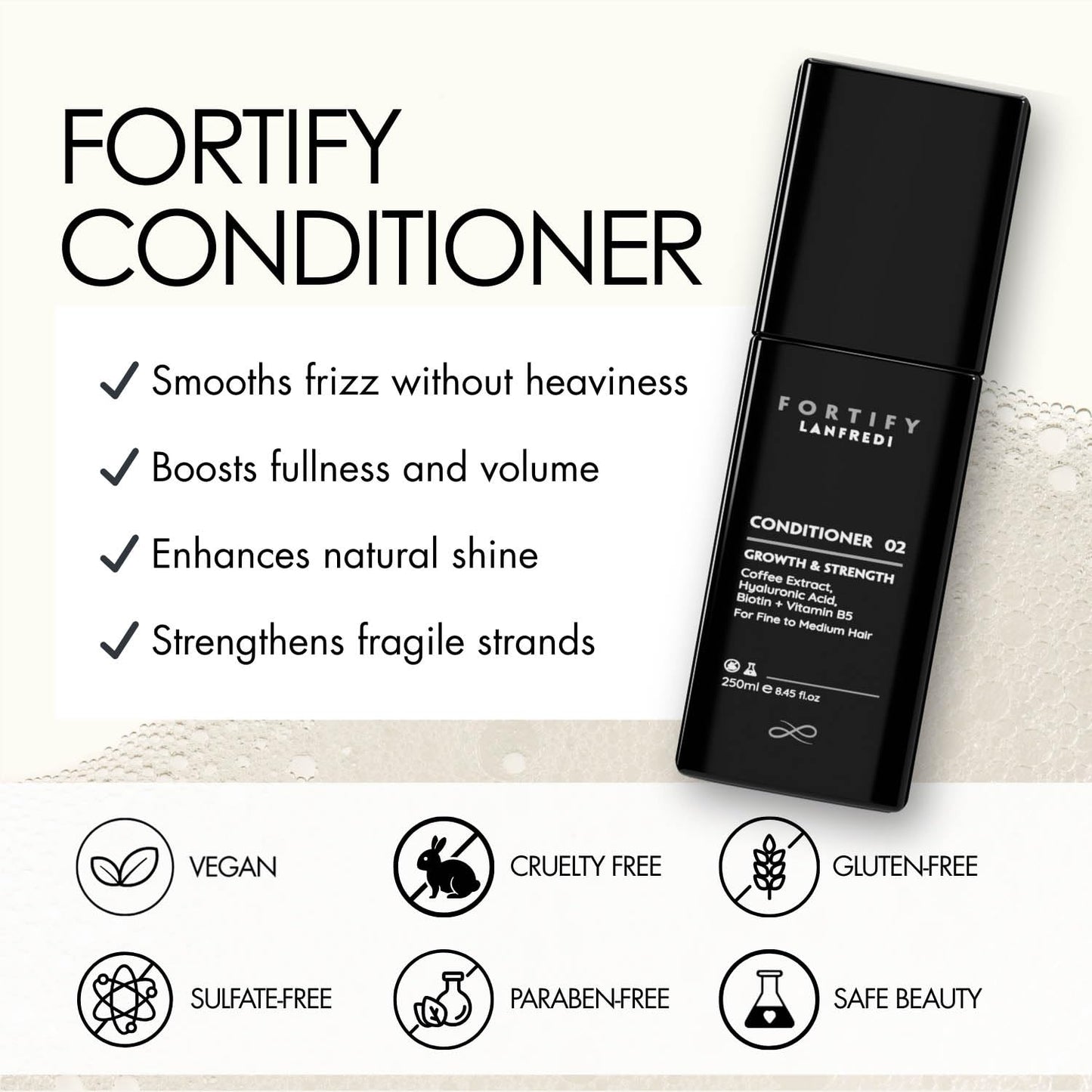 Lanfredi Fortify Conditioner for Fine to Medium Hair, Growth & Shine Support, Caffeine Infused, Strengthening, Smoothing, Moisturizing Conditioner, 250ml