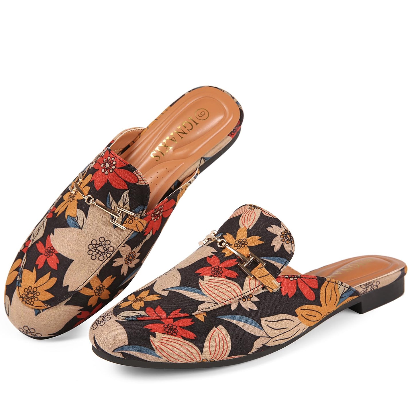 ignaxis Mules for Women Flats Round Toe Womens Mules Buckle Slip on Slides Backless Loafer Shoes