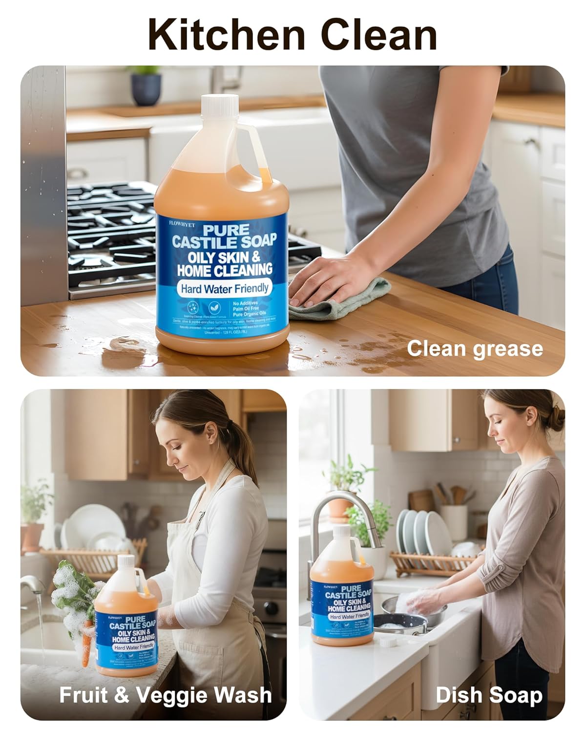 Pure Castile Soap - EWG Verified Organic Liquid Hand Soap Refill | Unscented, 1 Gallon - Ideal for Oily Skin & Home Cleaning