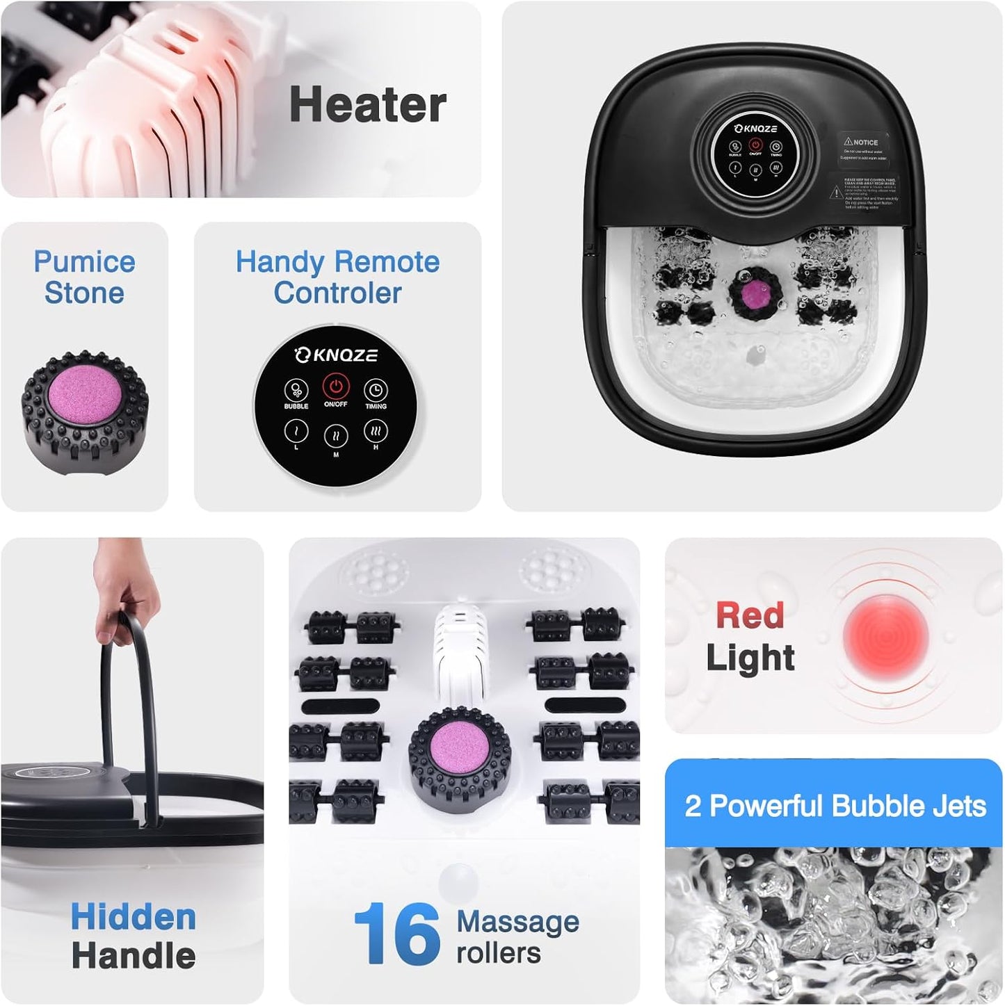 Collapsible Foot Spa Bath with Heat & Remote Control | Bubble Massage, Temperature Control, 16 Rollers, Pumice Stone