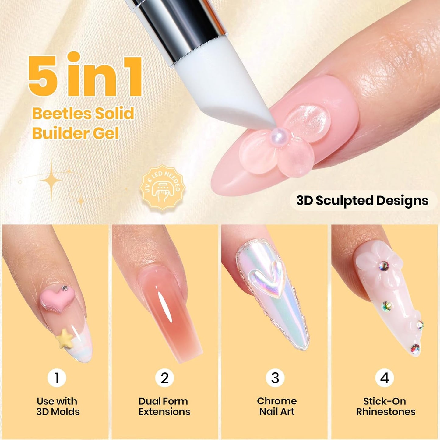 Beetles 3D Solid Builder Nail Gel Kit - 2 oz Clear Sculpting Gel for 3D Nail Art | Non-Sticky UV LED Gel with Dual Forms & Sculpting Pen
