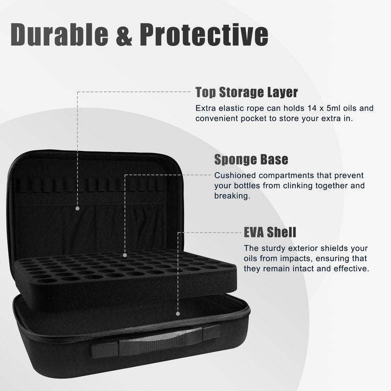 ZORETCO Essential Oil Storage Carrying Case, 70 Bottles Essential Oils Box for 5ml 10ml 15ml Roller Bottles Travel Storage Organizer Bag for doTERRA & Young Living (Black)