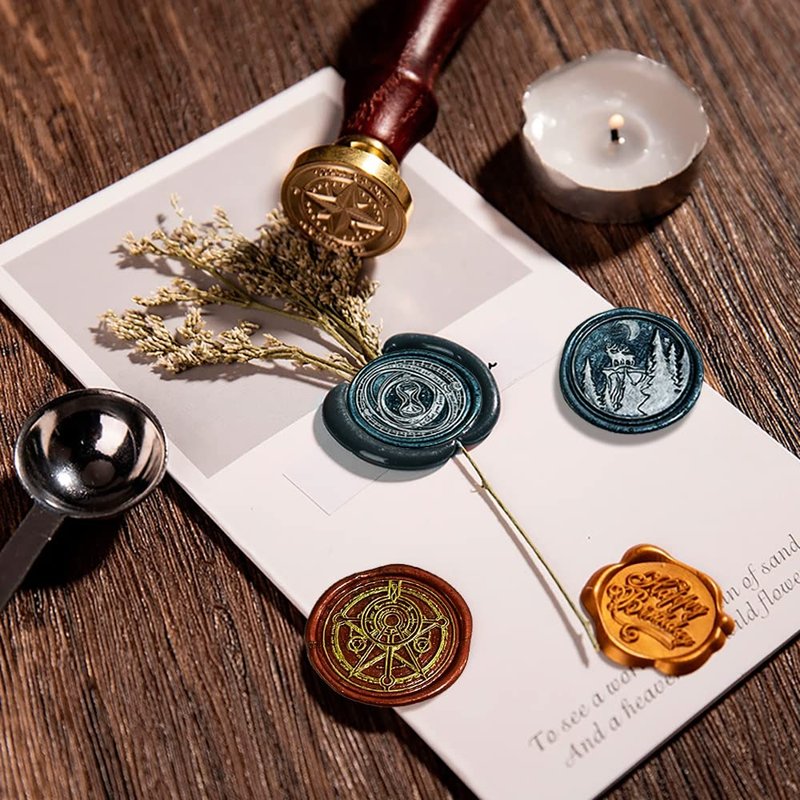 Wax Seal Stamp Hot Stamping Gift Box Set, 6 Pcs Sealing Wax Stamps Copper Seals 1 Wooden Hilt, Wax Stamp Kit for Cards Envelopes, Gift Packaging