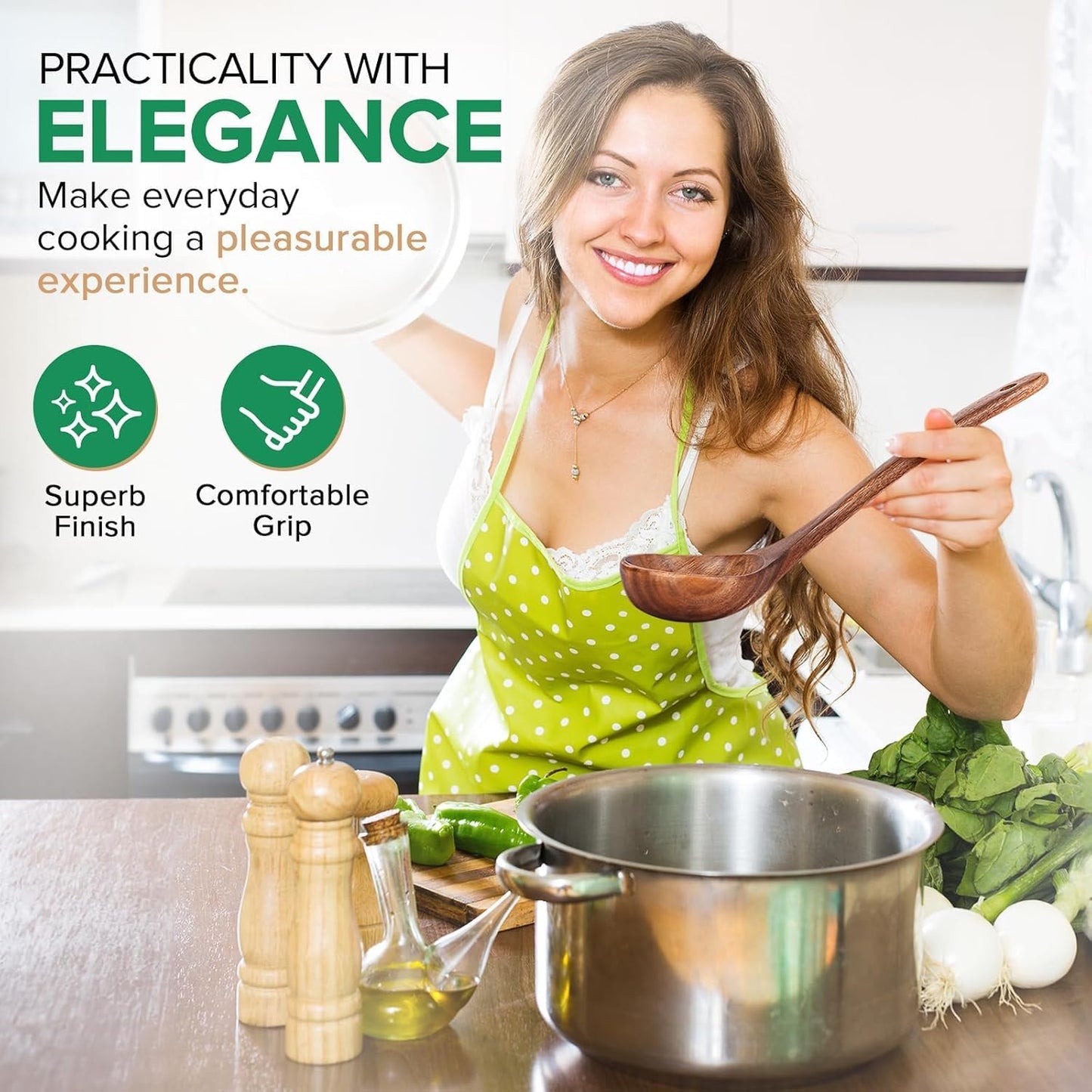 Wooden Ladle - Long Handle Cooking Spoon for Soup & Serving | Durable Kitchen Utensil