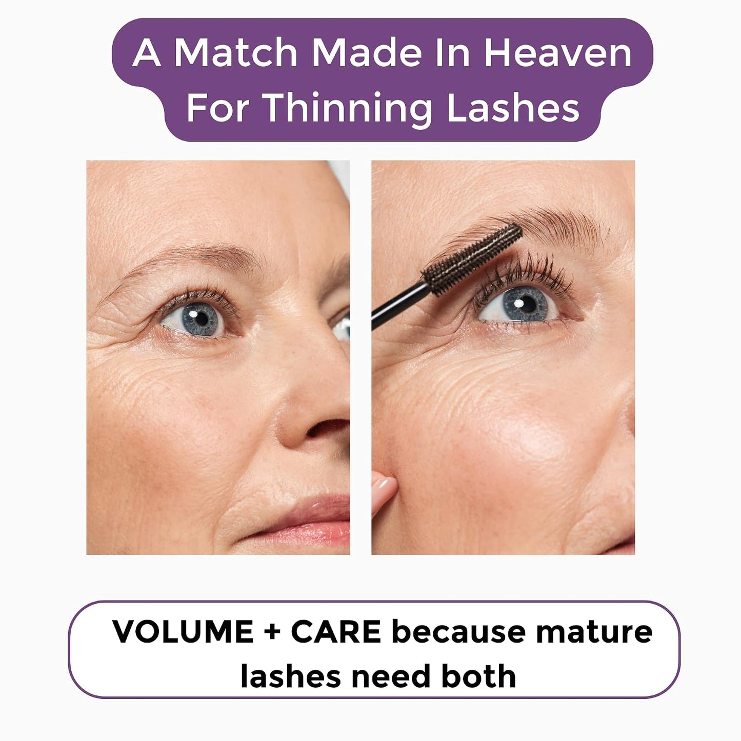 VolumeCare+ Mascara for Mature Women - Extreme Length & Volume 2-in-1 Formula | Hypoallergenic, No Clumps, Natural Black