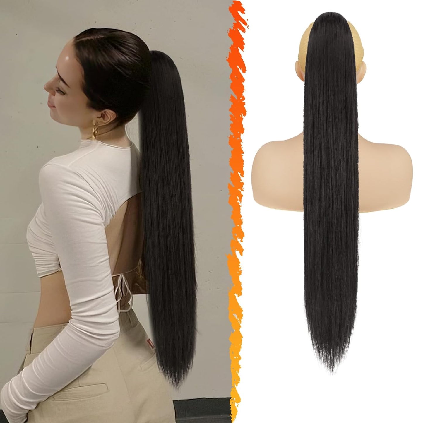 Long Straight Ponytail Extension - 26 Inch Brown Synthetic Clip-In Hairpiece for Women | Light Brown Mixed