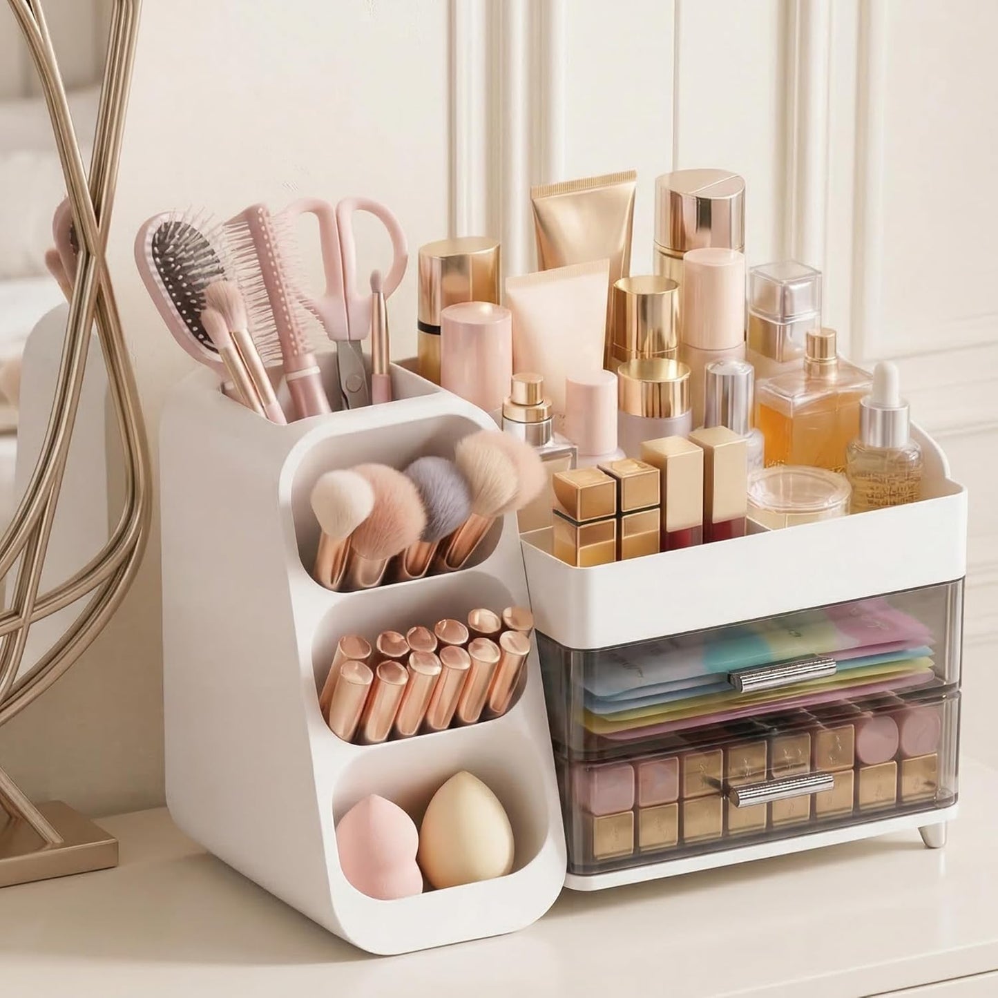 Large Capacity Makeup Organizer - Thickened Material Vanity Storage | White Countertop Holder for Brushes & Skincare