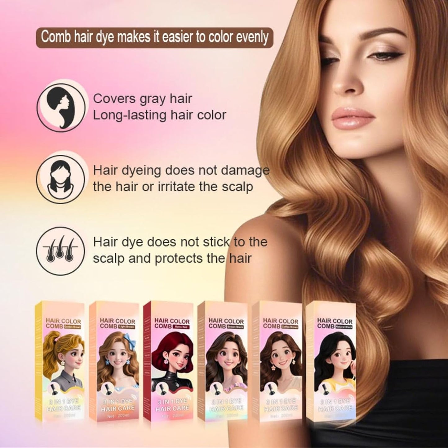 Herbal Hair Coloring Comb - 3-In-1 Easy At-Home Hair Color | Retro Red 200ml - Ammonia-Free, Nourishing Argan Oil & Ginseng