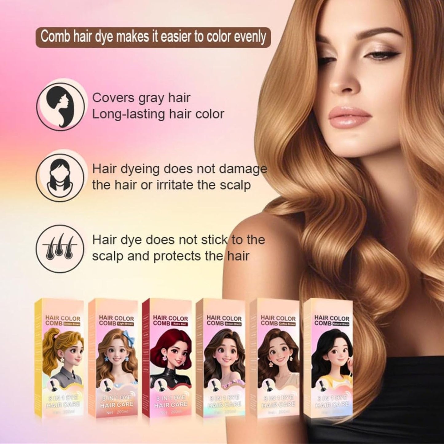 Herbal Hair Coloring Comb - Easy At-Home Hair Color | Retro Red 200ml - Ammonia-Free, Nourishing Argan Oil & Ginseng