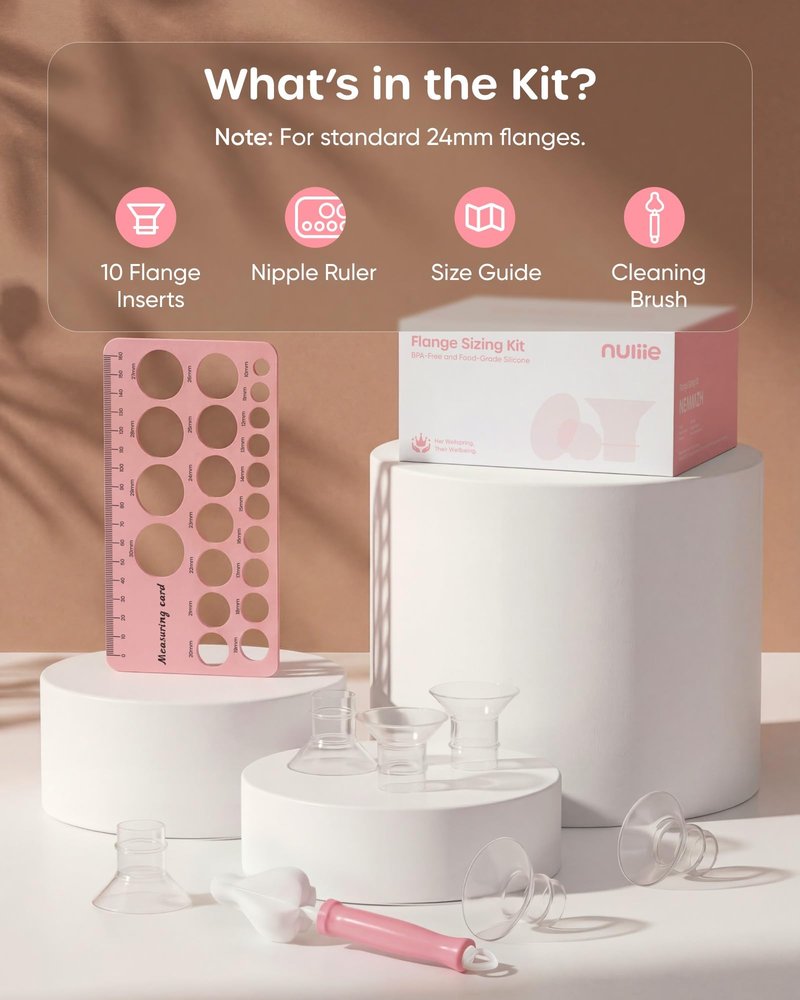 Nuliie 3-in-1 Flange Sizing Kit 13/15/17/19/21mm for 24mm Electric Double Breast Pump Flange/Shield, 10PCS Silicone Flange Inserts to Boost Pumping Efficiency & Comfort, BPA-Free Essential for Moms