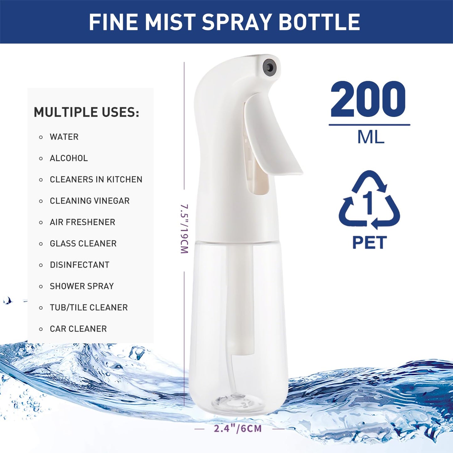 TANSHINE Continuous Spray Bottle for Hair,Ultra Fine Mist Water Hair Spray Bottles,Mister Spray Bottle,Refillable Plastic Sprayer for Hairstyling, Cleaning,Alcohol, Plants, Salons,6.8oz/200ml,Clear